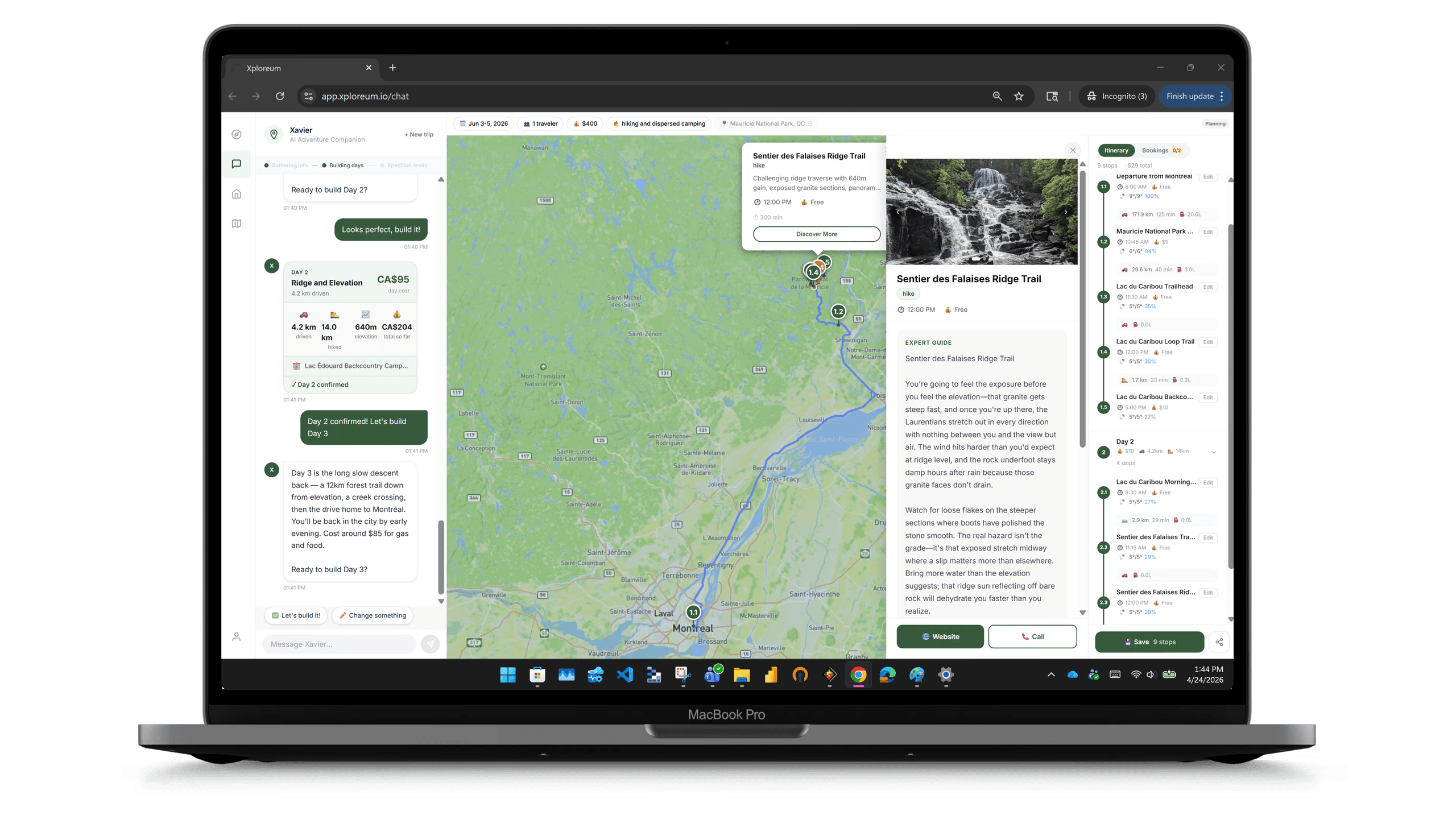 Xploreum on a laptop, with Xavier chat, a mapped Mauricie itinerary, and day-by-day trip stops