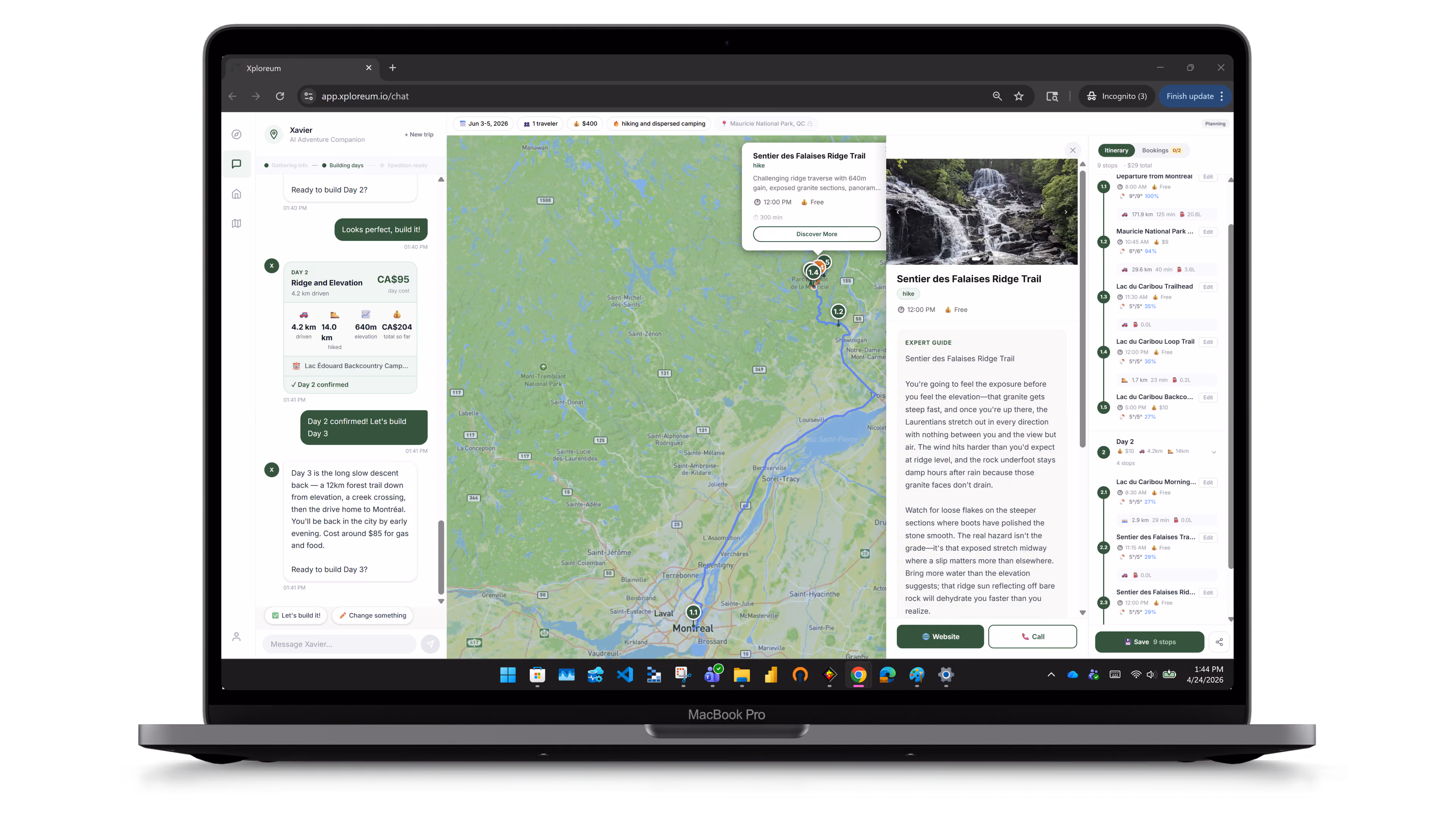 Xploreum on a laptop, with Xavier chat, a mapped Mauricie itinerary, and day-by-day trip stops