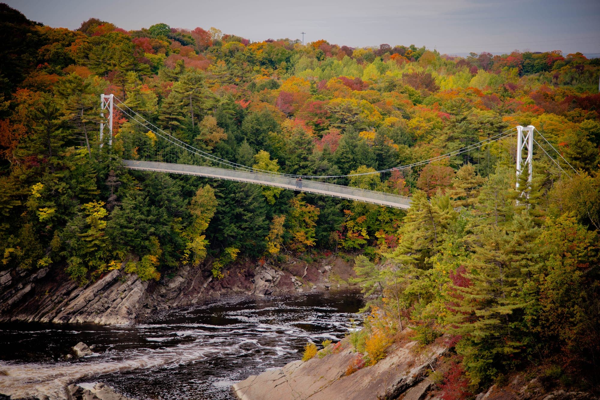 A suspension footbridge crossing a forested river gorge at peak fall color