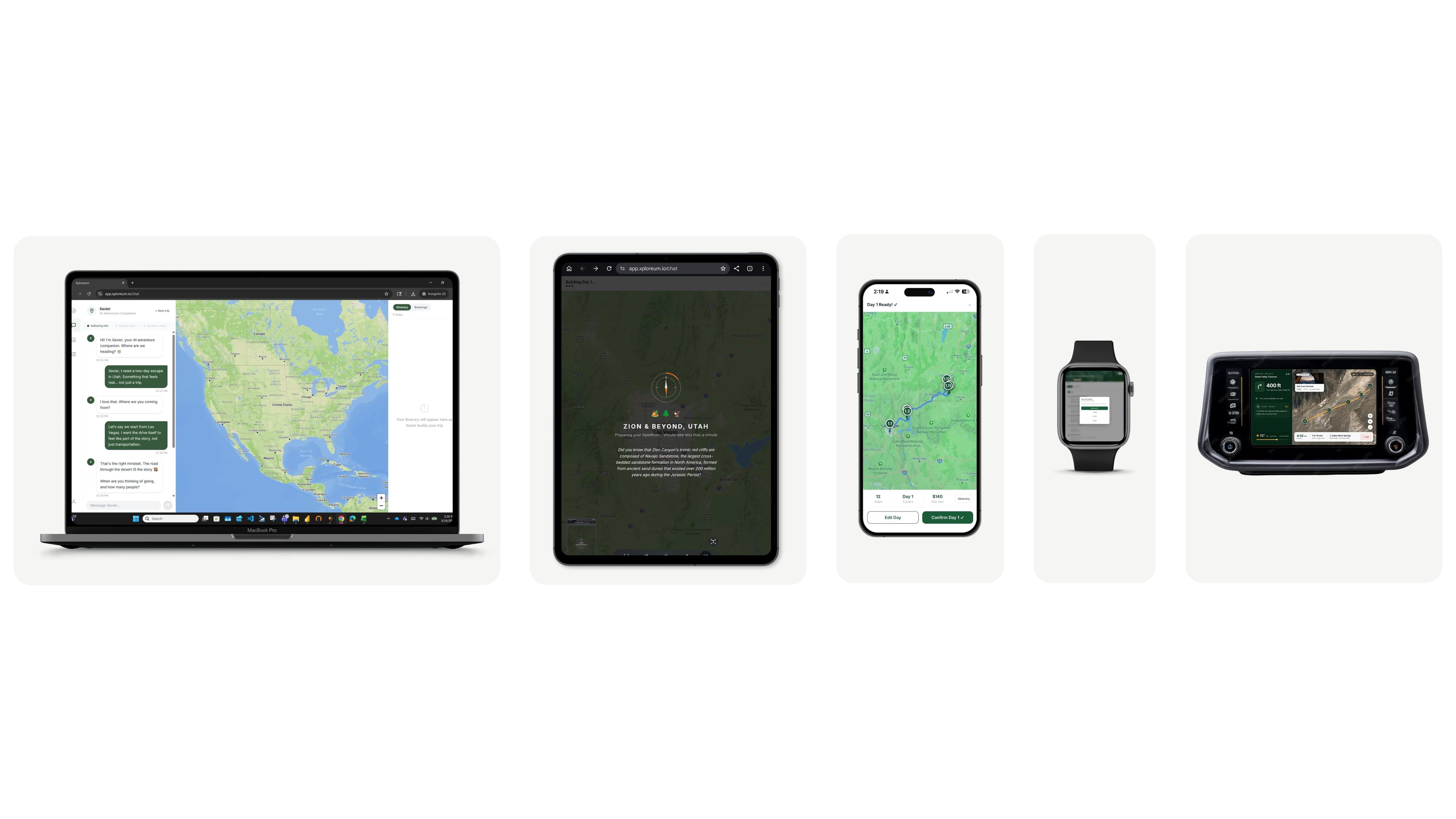 A phone showing a trip-planning app used outdoors