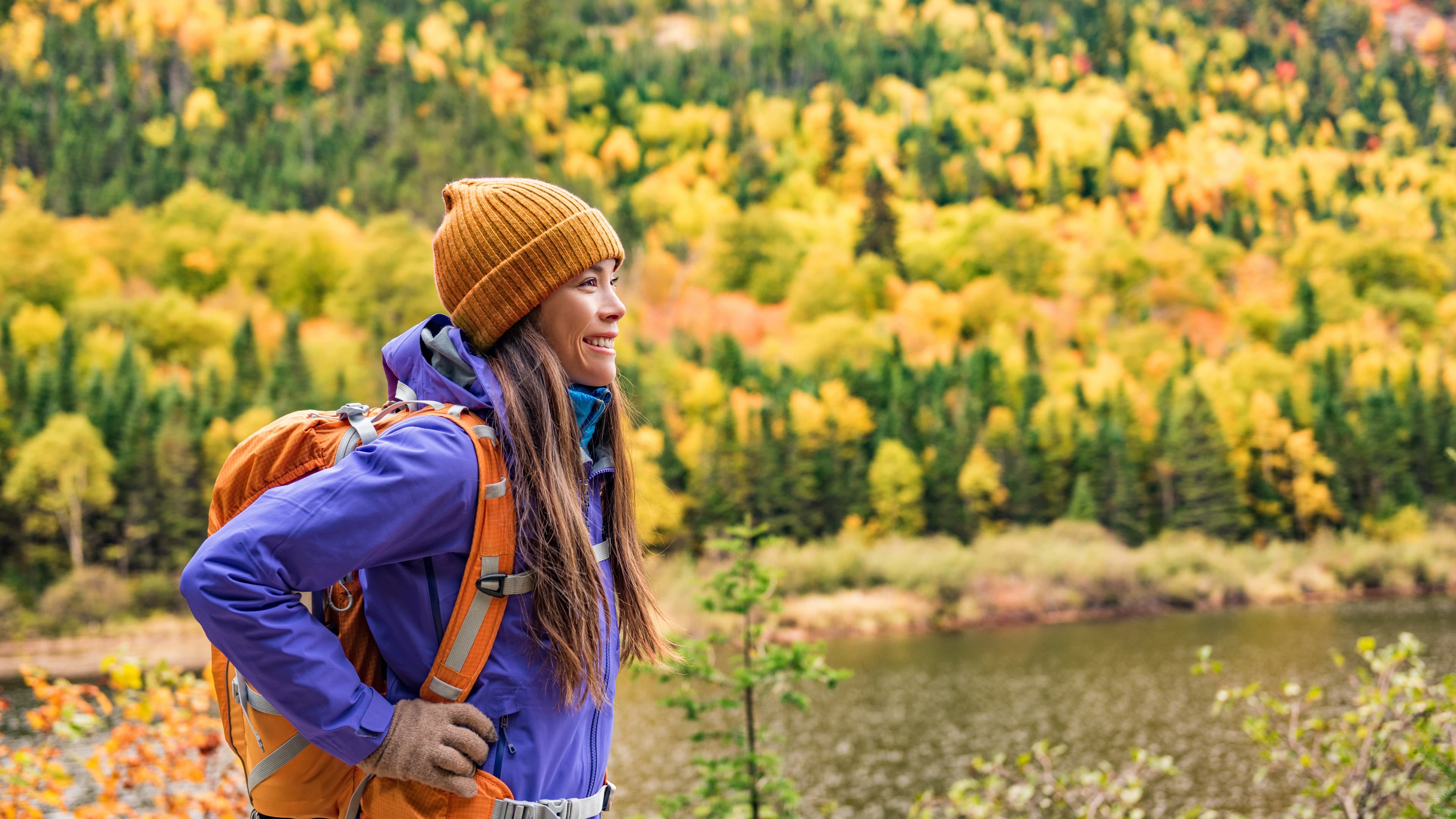 Beginner hikers following an easy mountain trail with daypacks on their first hiking trip