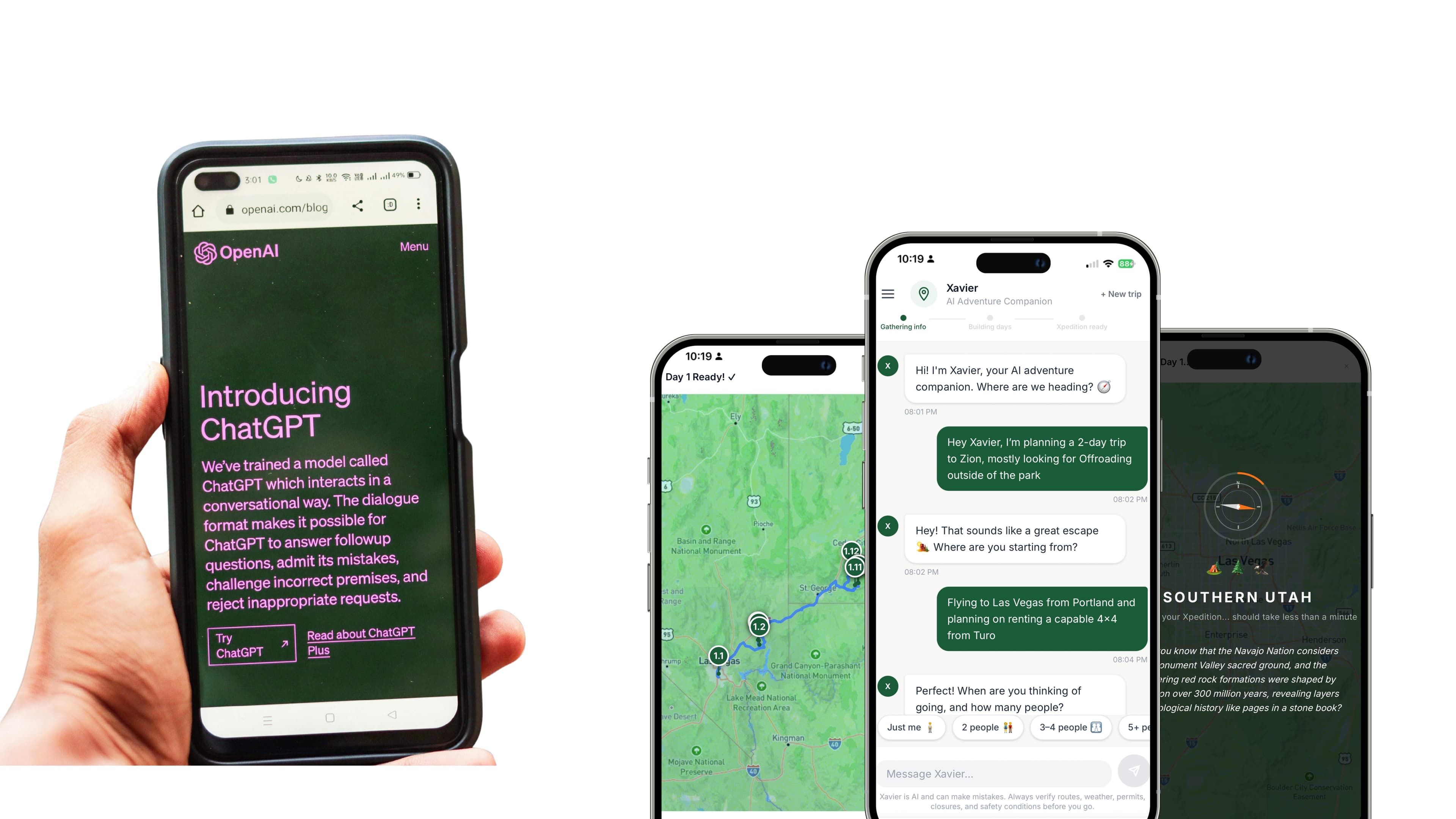 A phone screen showing a trip-planning conversation