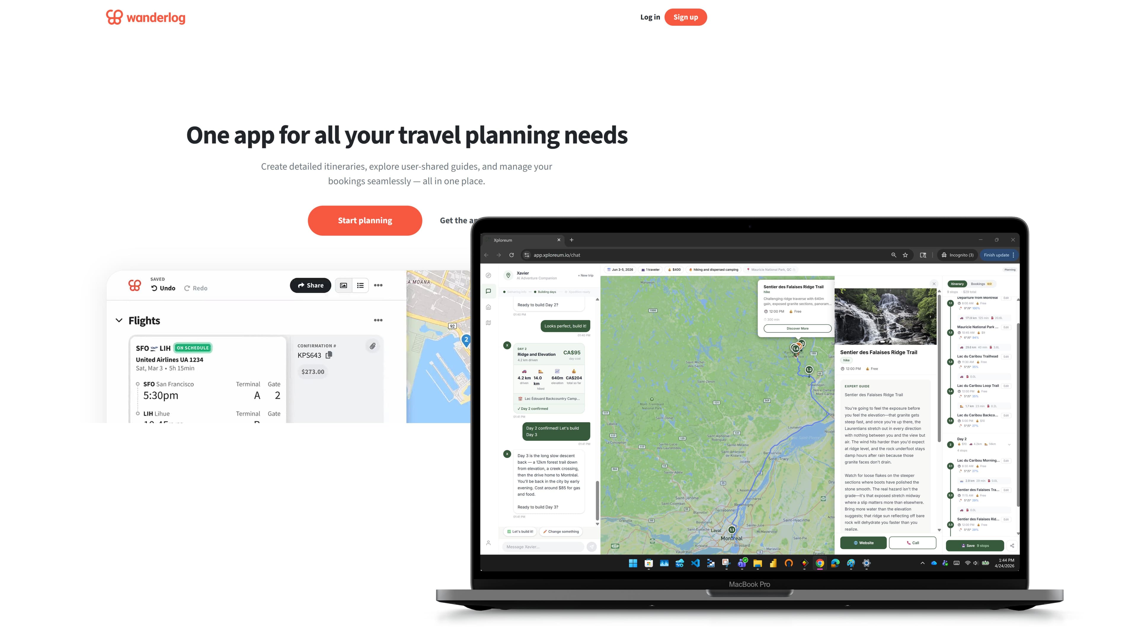A phone screen showing a trip-planning app