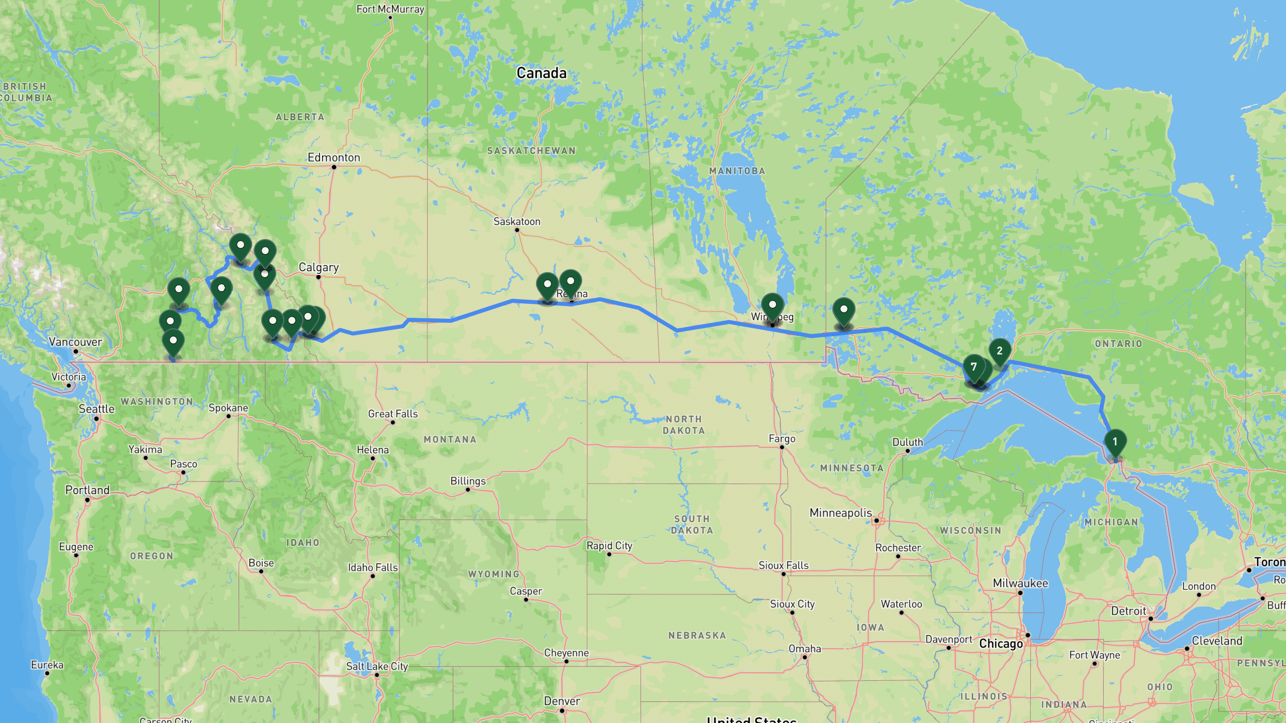 Route overview map for 10 Days Cross-Canada: Sault Ste Marie to Osoyoos Road Trip Itinerary: 31 stops from Sault Ste Marie Canal National Historic Site to Osoyoos Lakefront.
