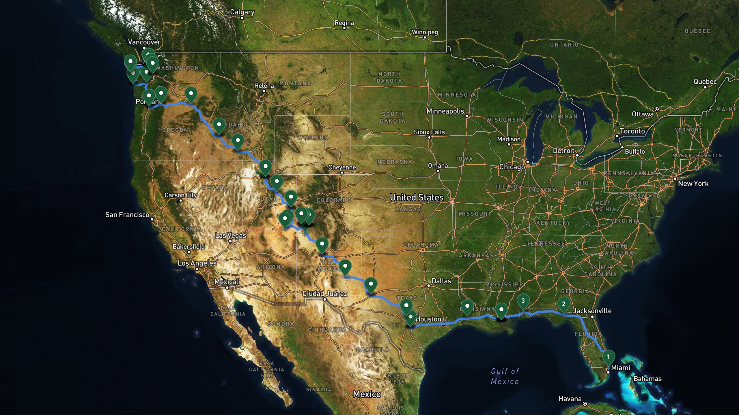 Route overview map for 14 Days Fort Lauderdale to Washington Coast: Cross-Country Road Trip Itinerary: 74 stops from Fort Lauderdale area to Music and entertainment venue in Pioneer Square.