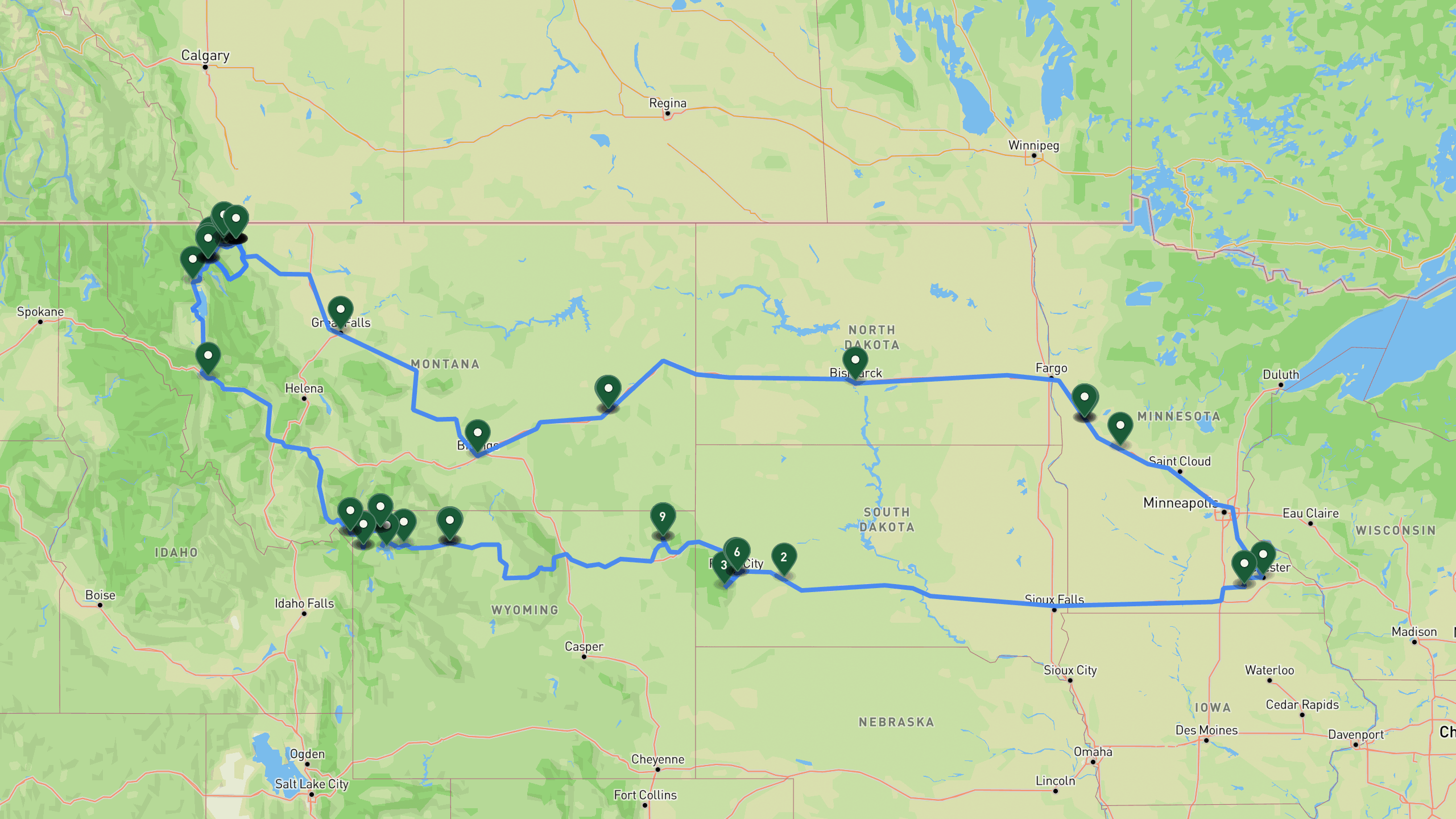 Route overview map for 14 Days Through the Northern Rockies: A Glacier National Park Road Trip Itinerary: 66 stops from Hayfield, Minnesota area to Hayfield, Minnesota area.