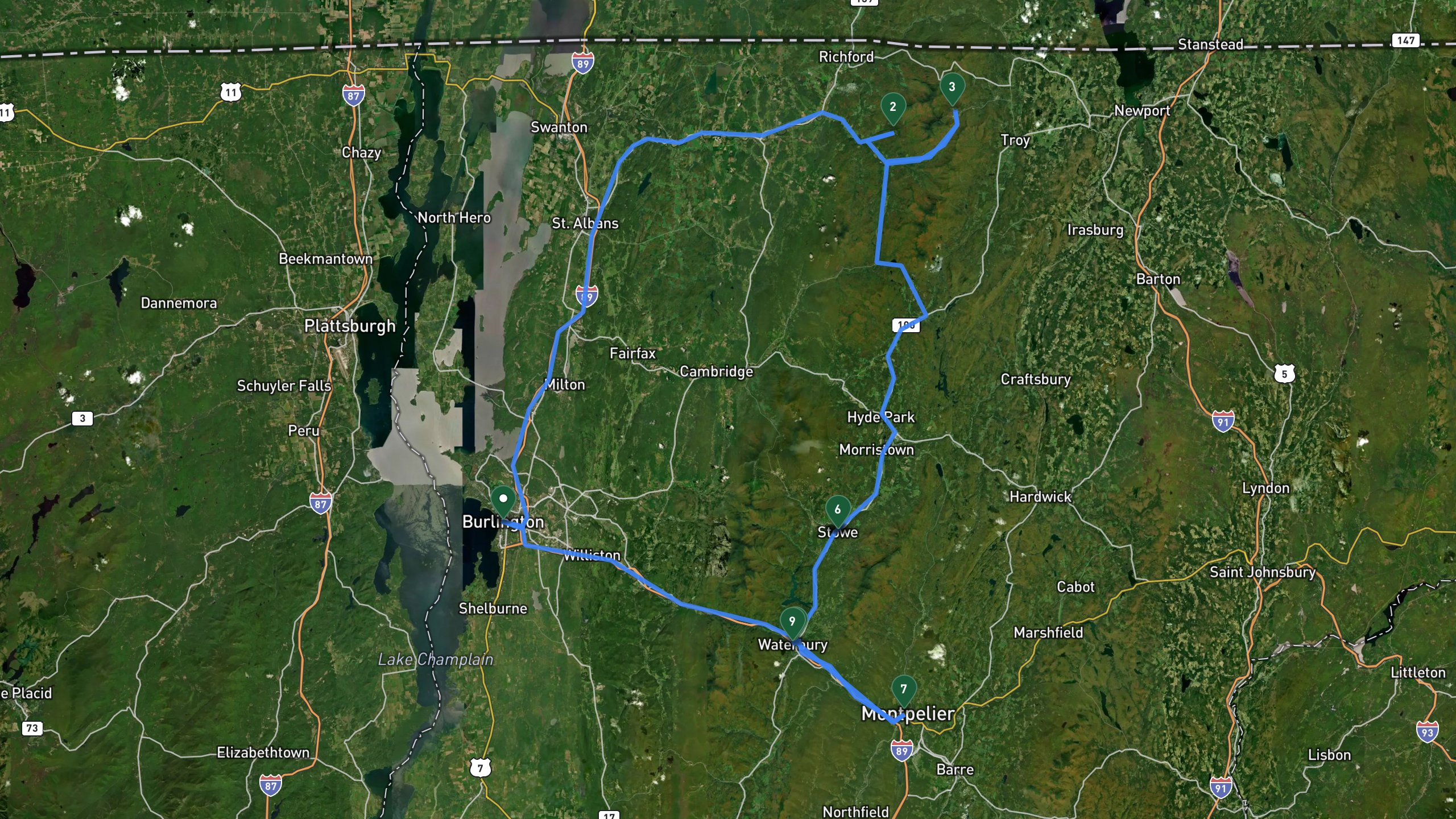 Route overview map for 2 Days in Central Vermont: Montgomery, Montpelier, and Stowe Scenic Drive Itinerary: 10 stops from Burlington Downtown to Burlington Downtown.