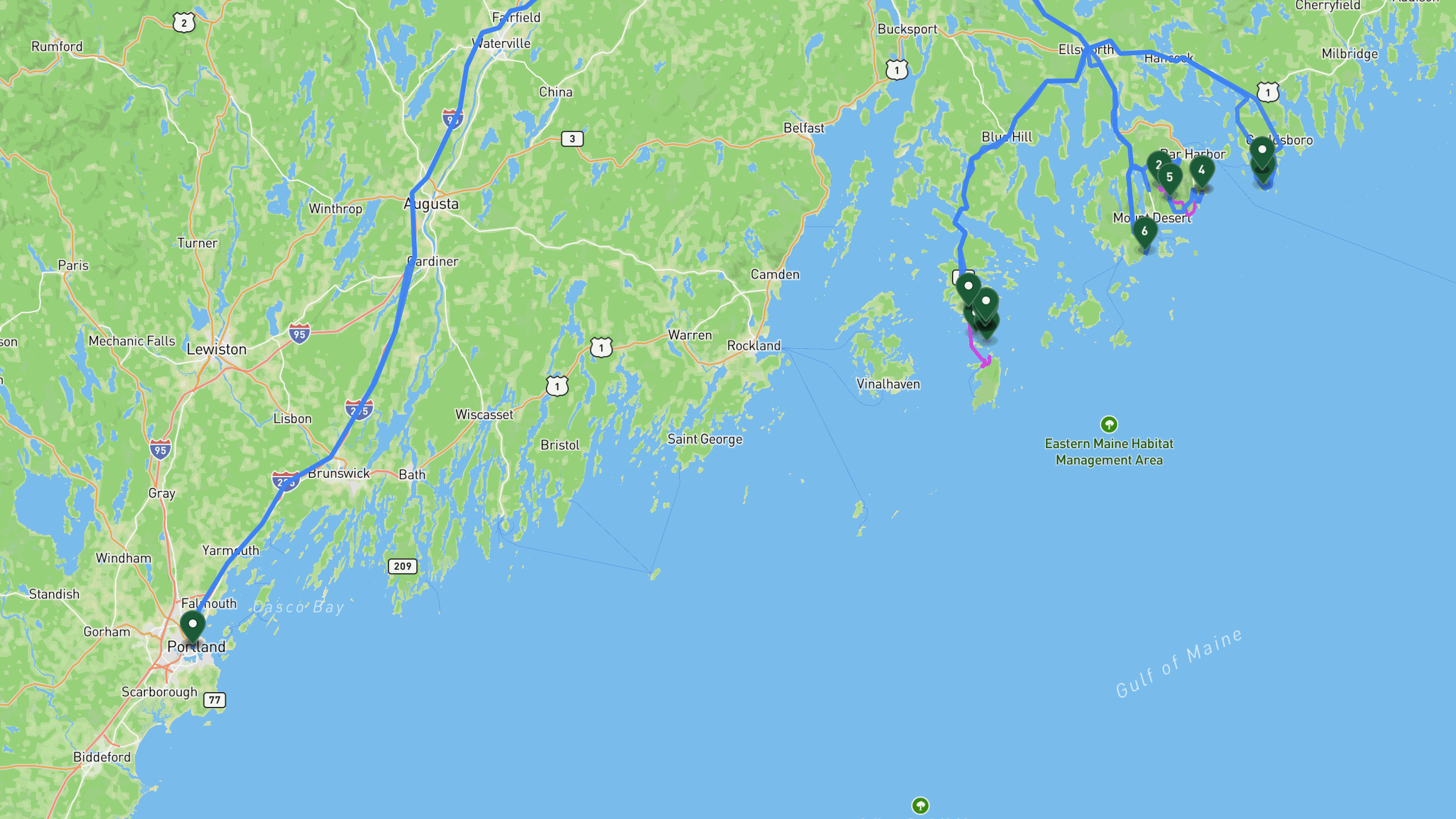 Route overview map for 3 Days Backpacking Acadia National Park, Maine: 21 stops from Portland, ME Departure to Portland, ME.