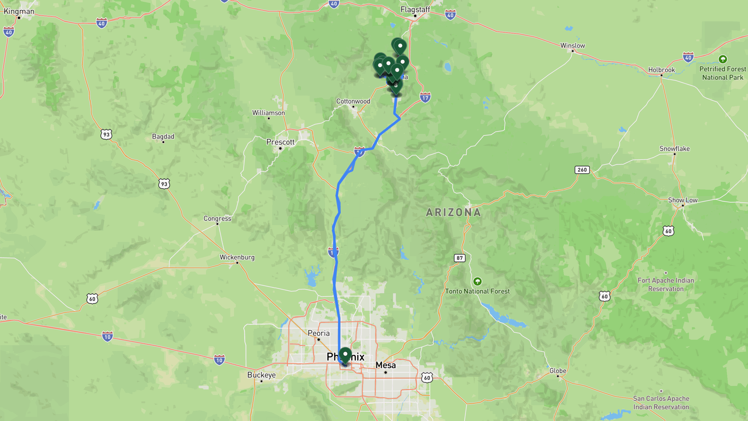 Route overview map for 3 Days Hiking in Sedona: Cathedral Rock, West Fork, Boynton Canyon & Devils Bridge Itinerary: 27 stops from Phoenix area departure to Phoenix area arrival.