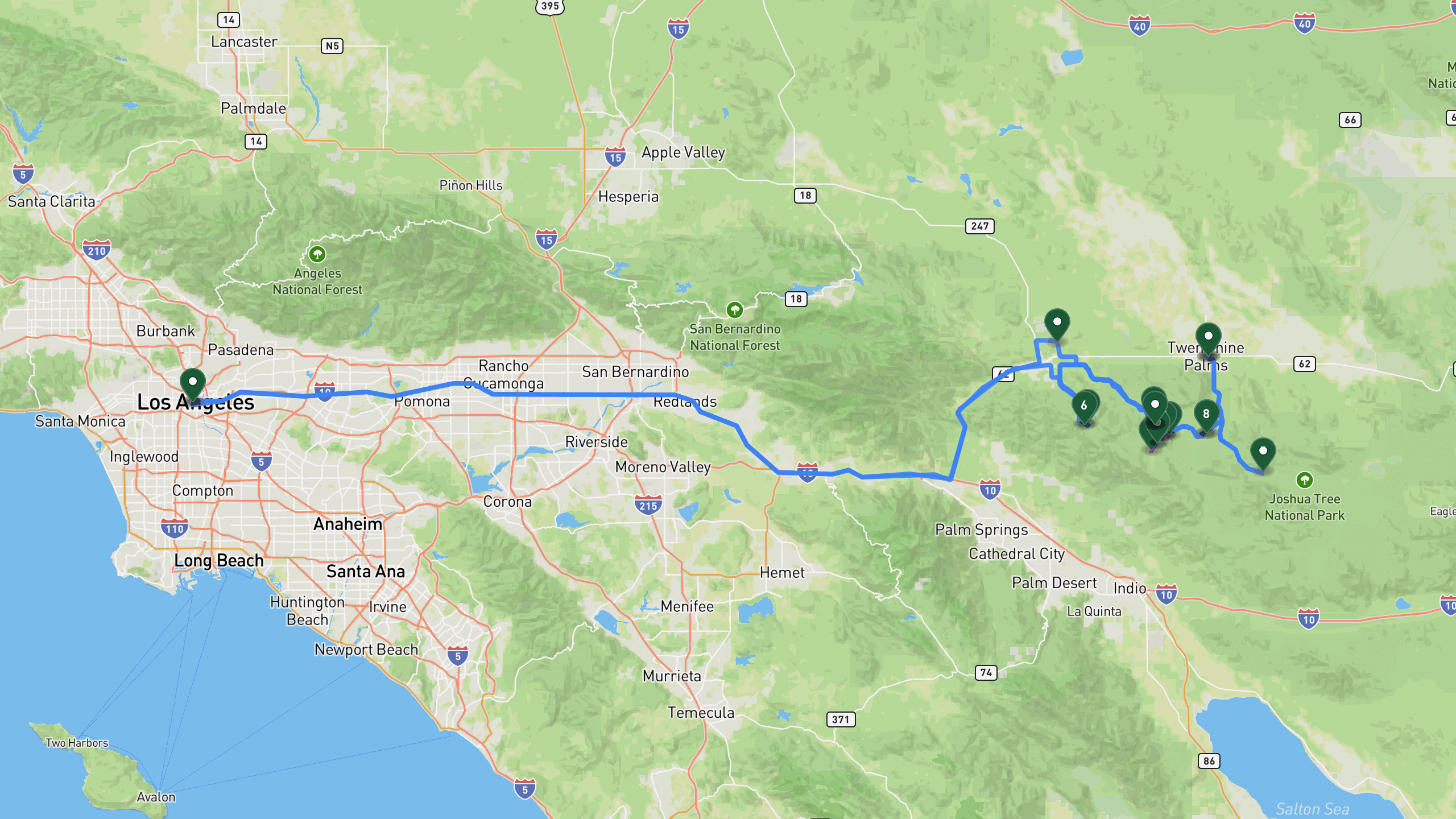 Route overview map for 3 Days in Joshua Tree National Park: A Hiking and Camping Itinerary: 20 stops from Los Angeles Area to Los Angeles Area.