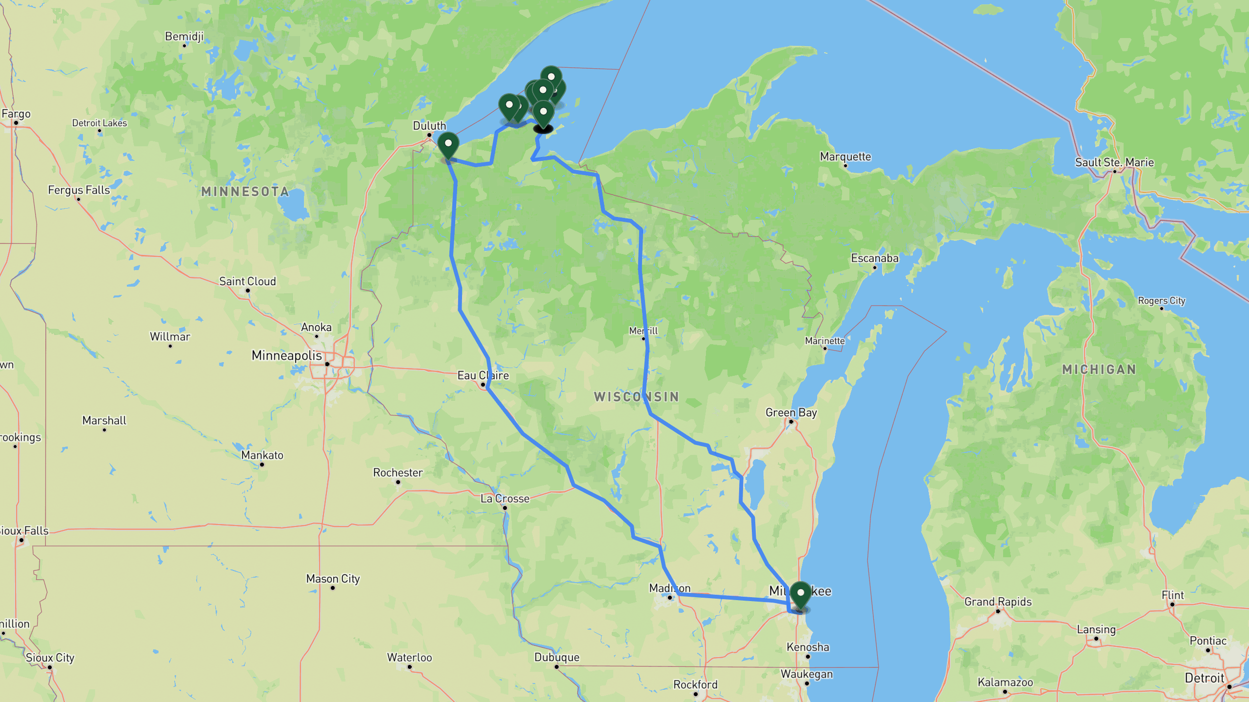 Route overview map for 3 Days in the Apostle Islands, Wisconsin: Kayaking and Sightseeing Itinerary: 24 stops from General Mitchell Airport to General Mitchell Airport.