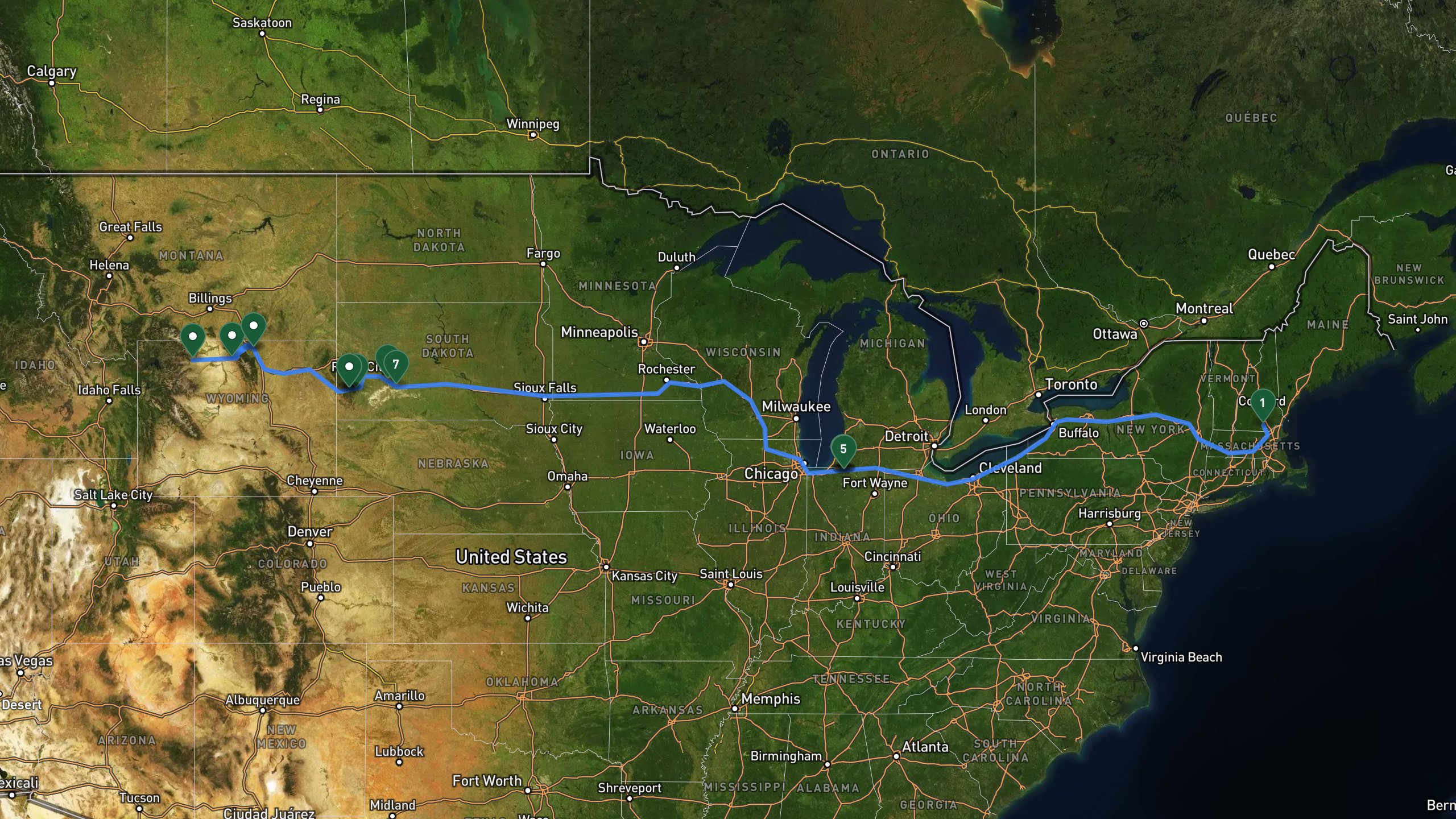 Route overview map for 3-Day Road Trip Itinerary: Merrimack, NH to Cody, WY: 15 stops from Departure location, Merrimack NH area to Hotel, Cody area.