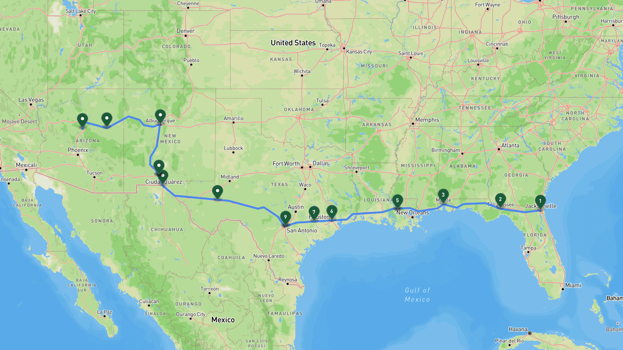 Route overview map for 4-Day Solo Drive: Jacksonville to Sedona Road Trip Itinerary: 16 stops from Jacksonville Area to Sedona.