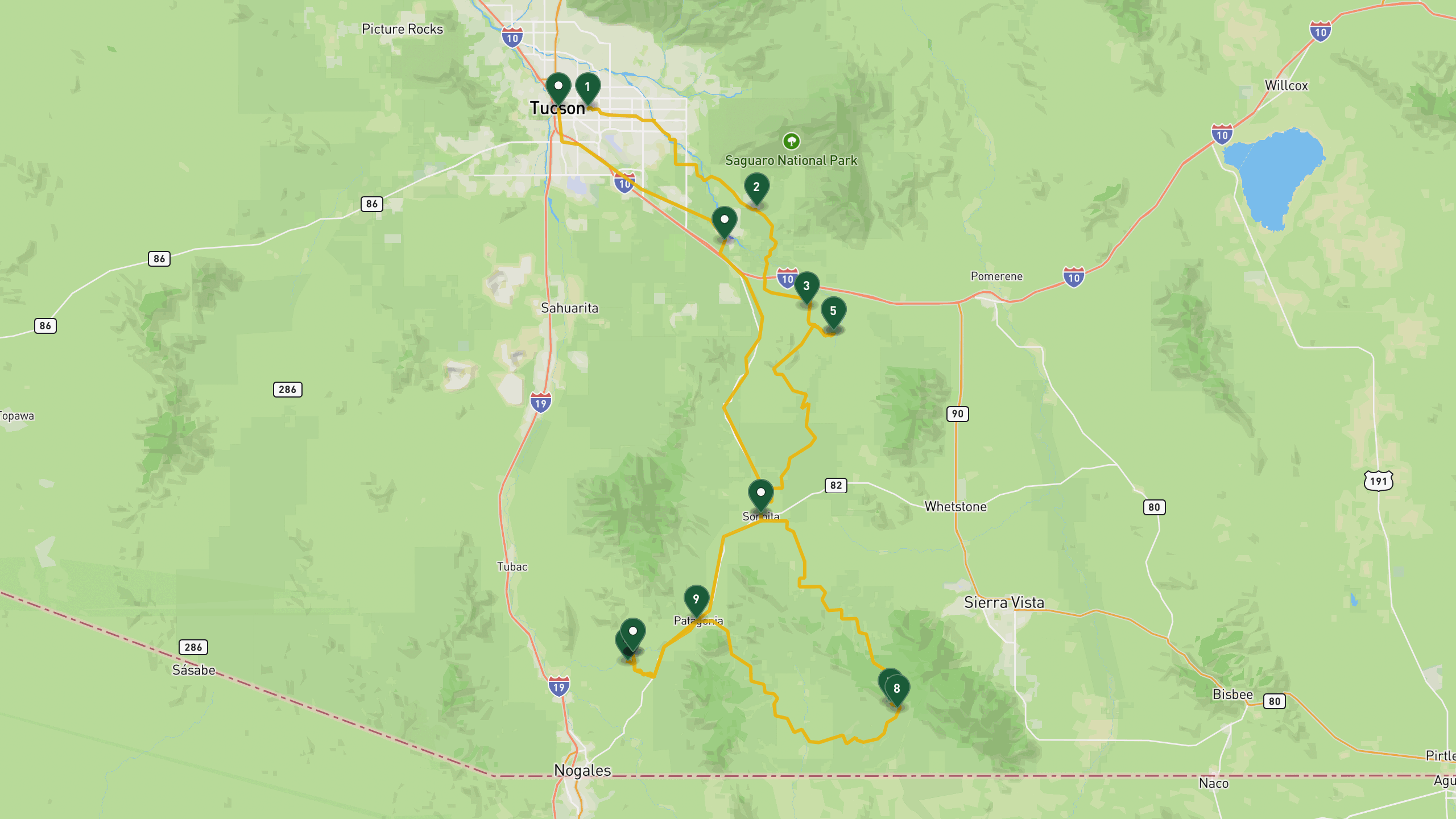 Route overview map for 4 Days Bikepacking Arizona: Tucson to Patagonia Lake Loop: 15 stops from Central Tucson to Central Tucson.