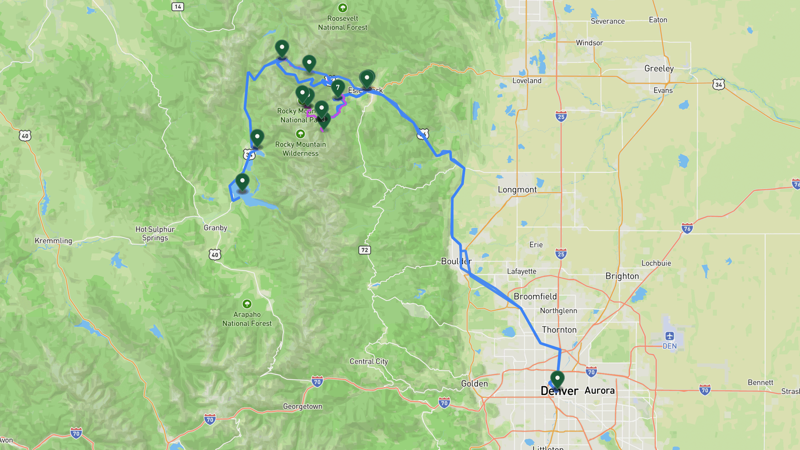 Route overview map for 4 Days in Rocky Mountain National Park: Hiking and Backpacking Itinerary: 23 stops from Denver Departure to Denver.