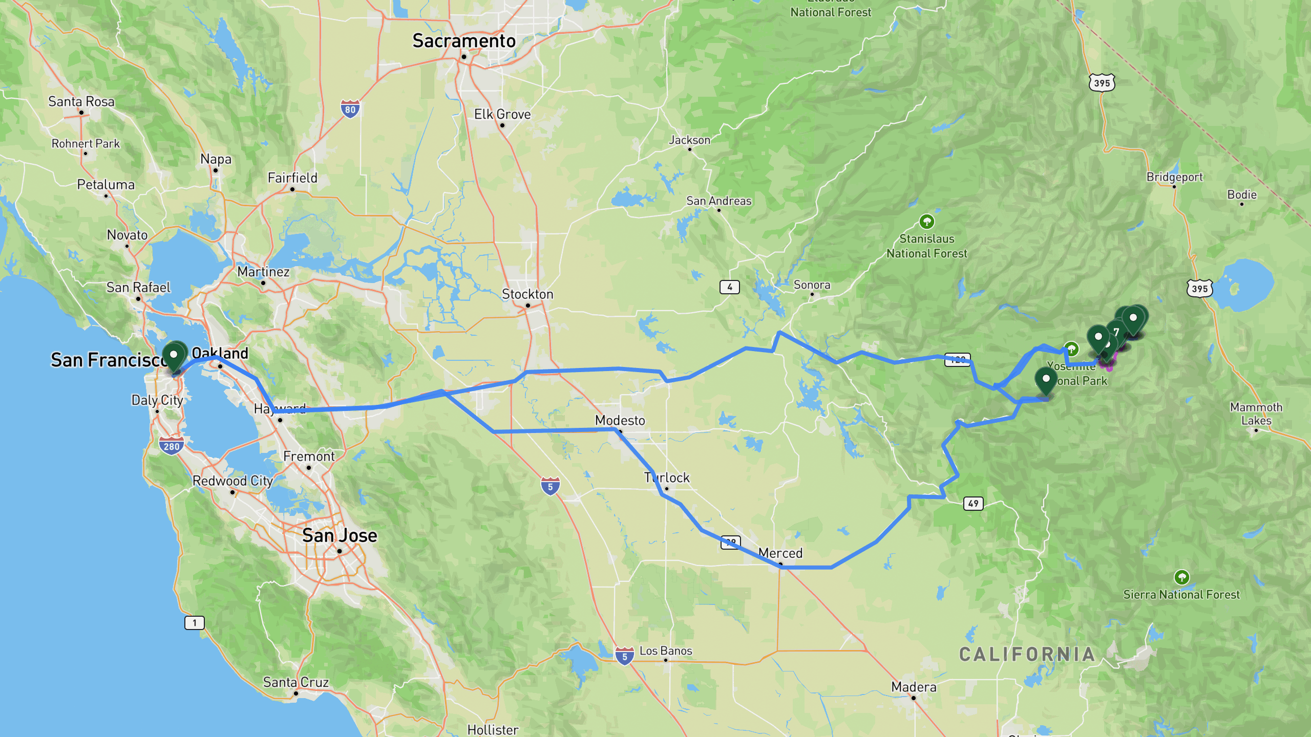 Route overview map for 4 Days in Yosemite Backcountry: Cathedral Lakes to Sunrise Basin: 17 stops from Bay Area Departure to Bay Area Arrival.