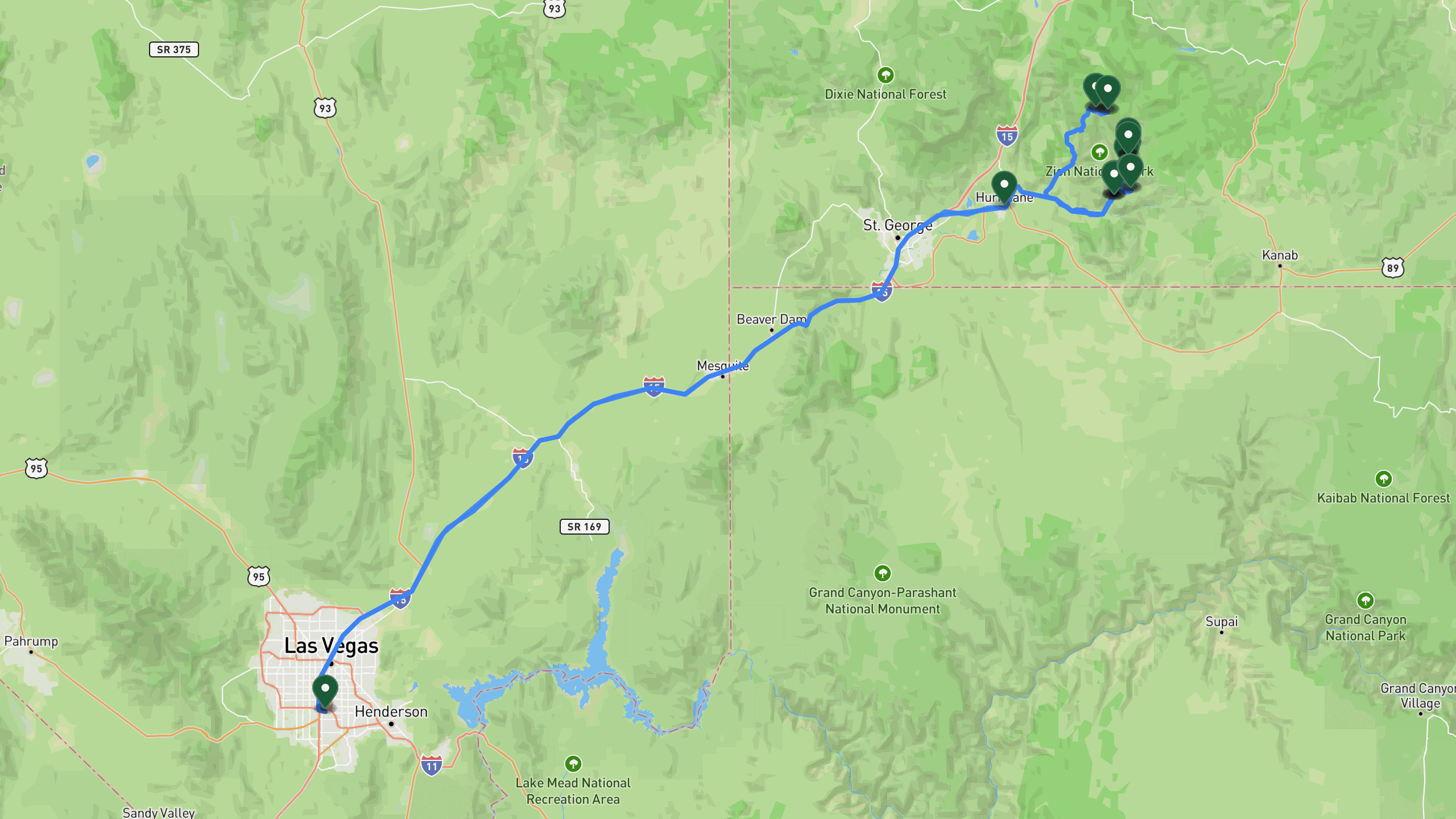 Route overview map for 4 Days in Zion National Park: Angels Landing, Hop Valley, and The Narrows Itinerary: 23 stops from Car Rental Center to Car Rental Center.