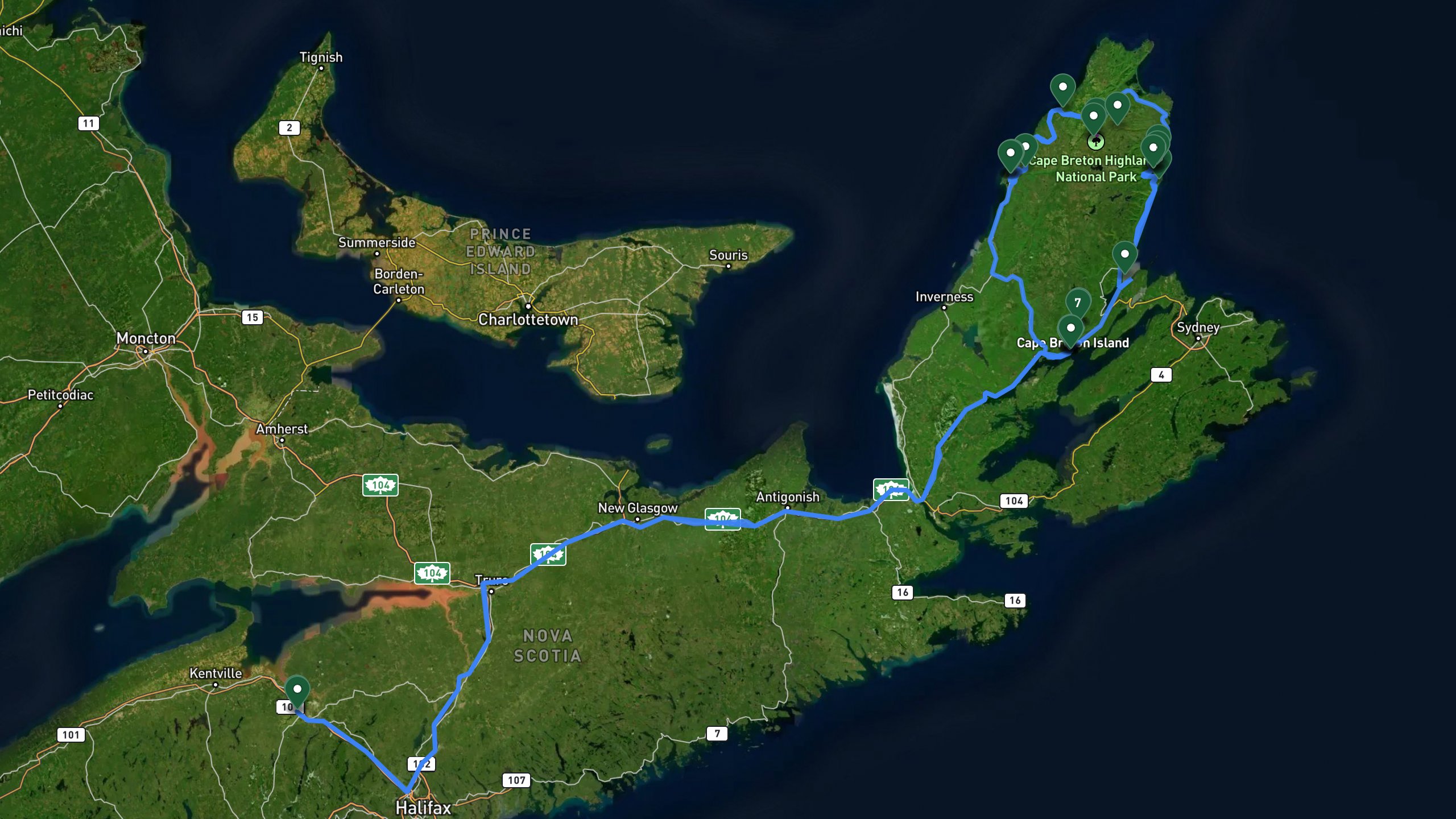Route overview map for 4 Days on the Cabot Trail: Cape Breton Highlands Scenic Driving and Hiking Itinerary: 30 stops from Windsor, NS to Windsor.