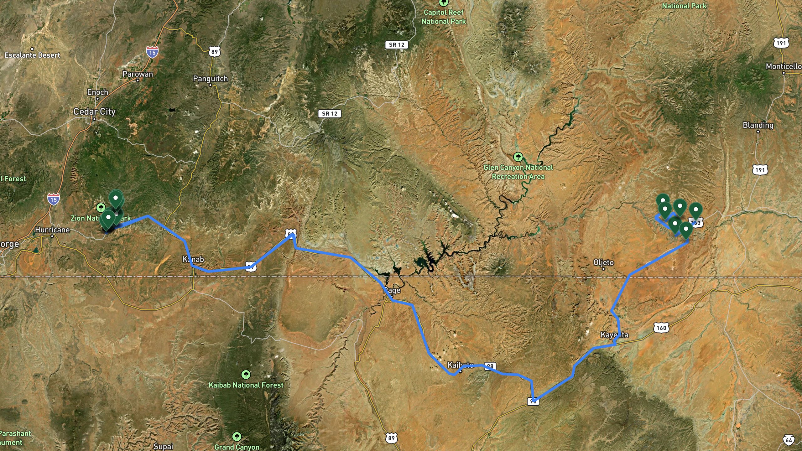 Route overview map for 4 Days Overlanding Zion National Park and Valley of the Gods, UT: 33 stops from Zion National Park Visitor Center to Zion National Park Visitor Center.