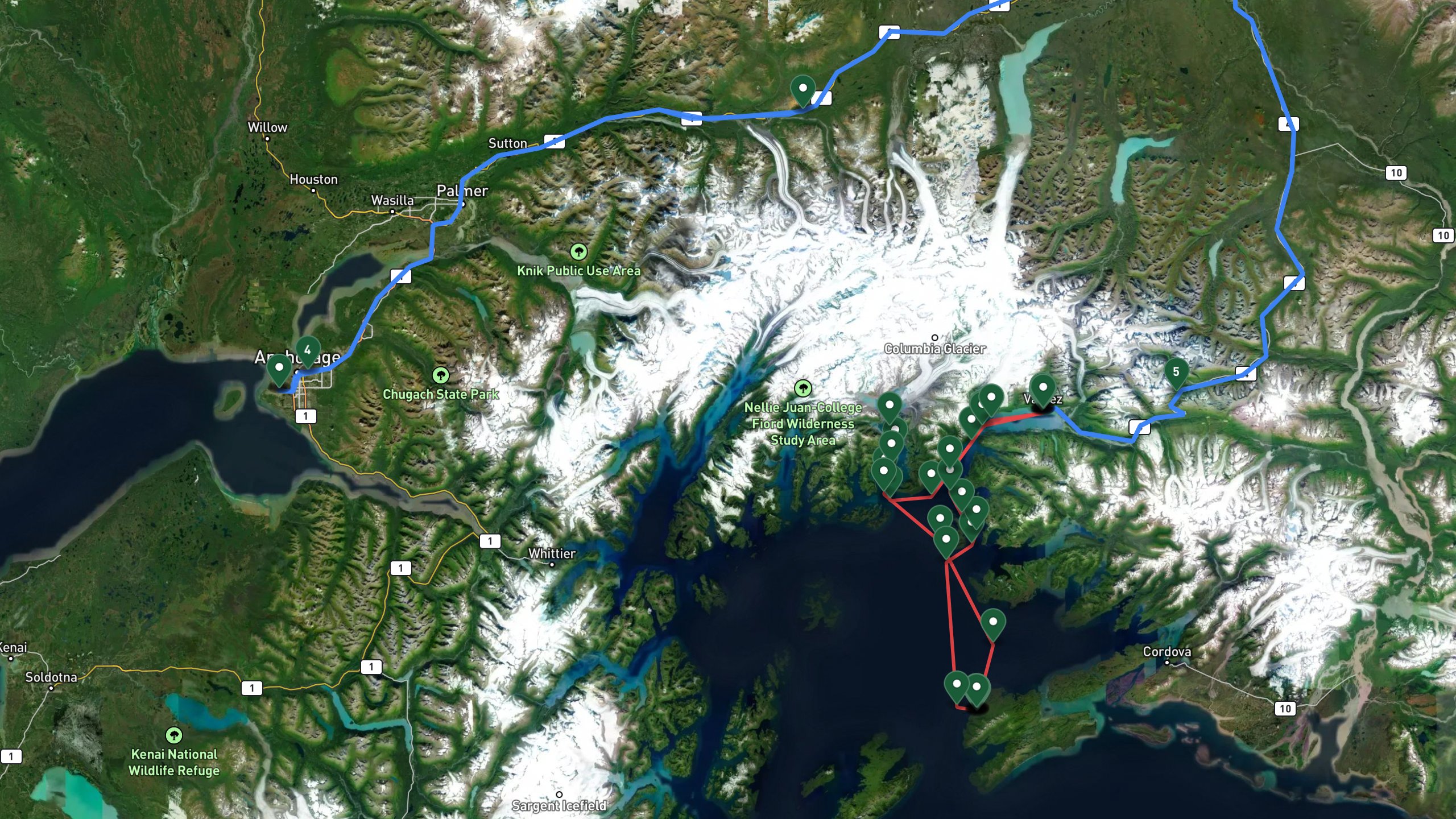 Route overview map for 5-Day Anchorage to Valdez Overlanding Trip: Prince William Sound & Island Cabin: 56 stops from Ted Stevens Anchorage International Airport to Ted Stevens Anchorage International Airport.