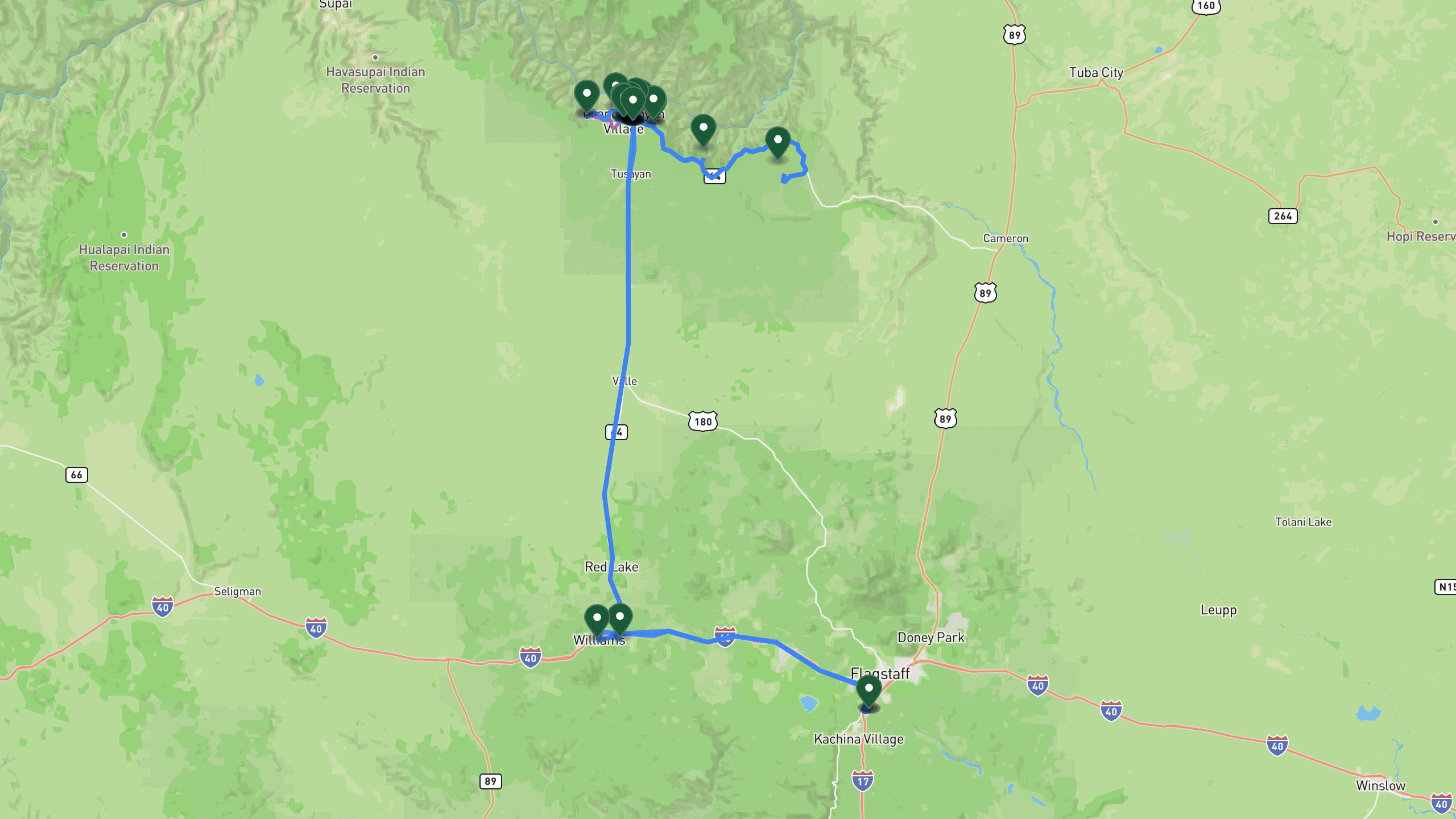 Route overview map for 5 Days at the Grand Canyon with Kids: A Family RV Itinerary: 30 stops from Regional Airport to Regional Airport Departure.