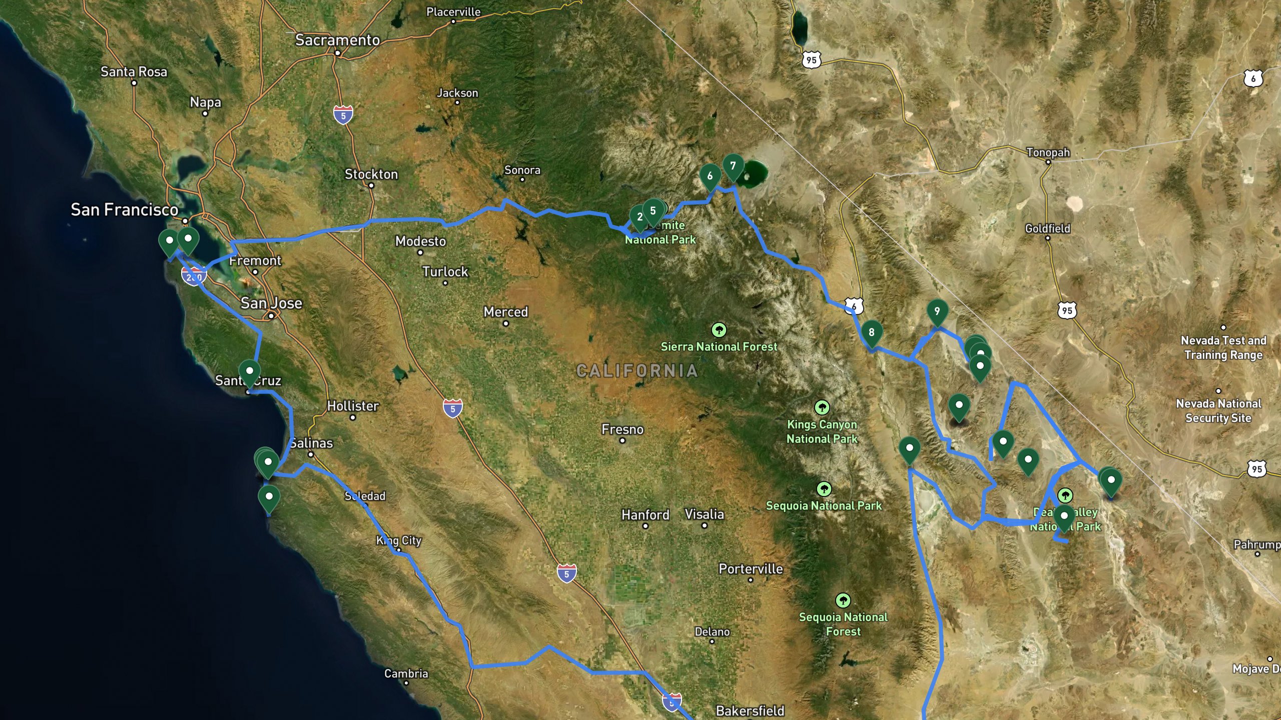 Route overview map for 5 Days Death Valley Technical Loop: 4x4 Overlanding from Yosemite to Saline Valley and the Coast: 34 stops from San Francisco International Airport area to San Francisco International Airport area.