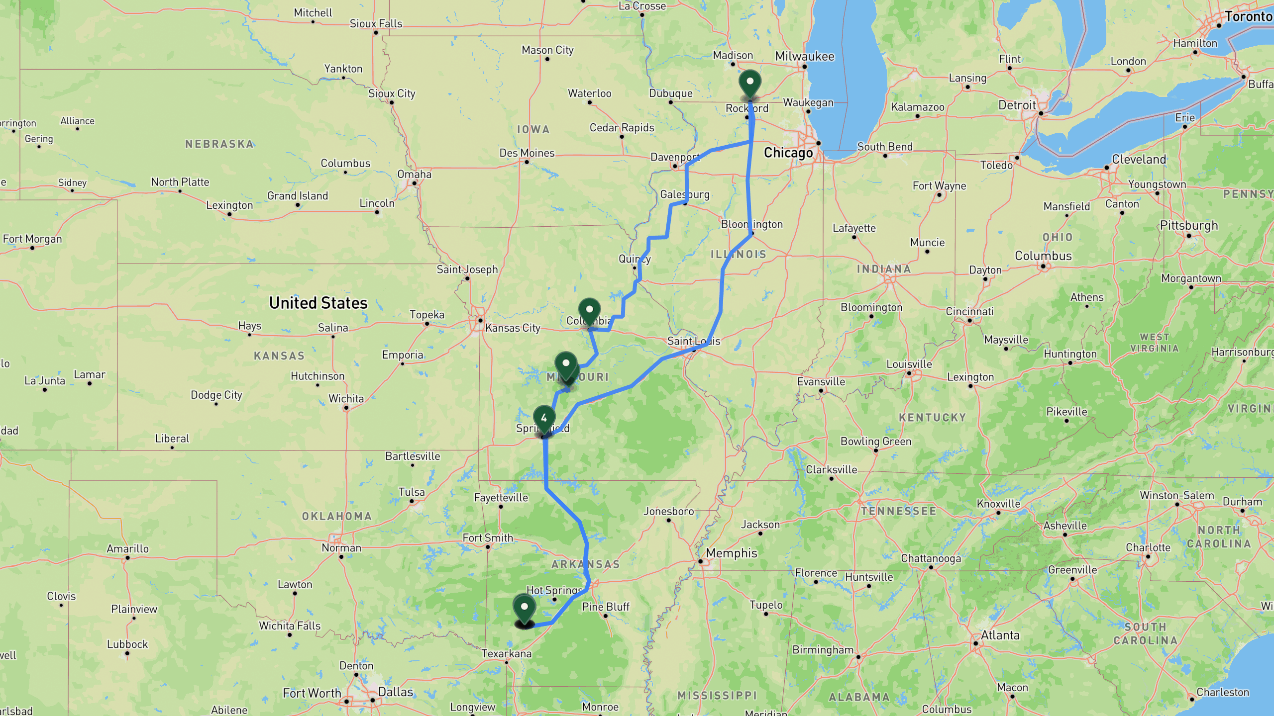 Route overview map for 5 Days Diamond Hunting in Arkansas: A Crater of Diamonds Road Trip Itinerary: 19 stops from Beloit, Wisconsin to Beloit, Wisconsin.