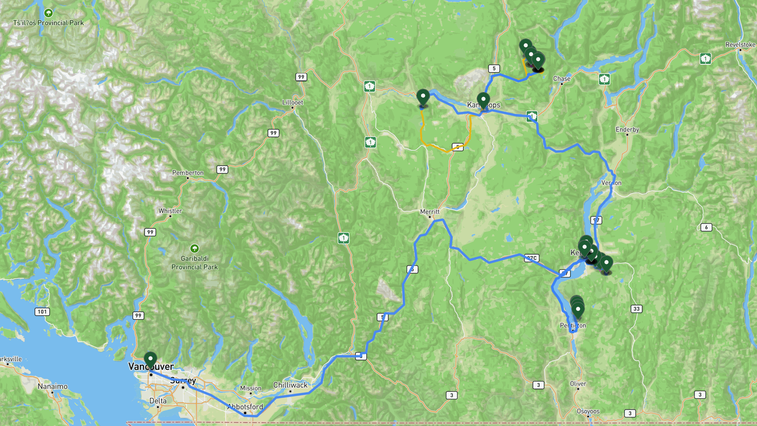 Route overview map for 5 Days in Thompson Okanagan: Sun Peaks Biking and Hiking to Kelowna Wine Country: 44 stops from Sun Peaks area lodge to Home destination.