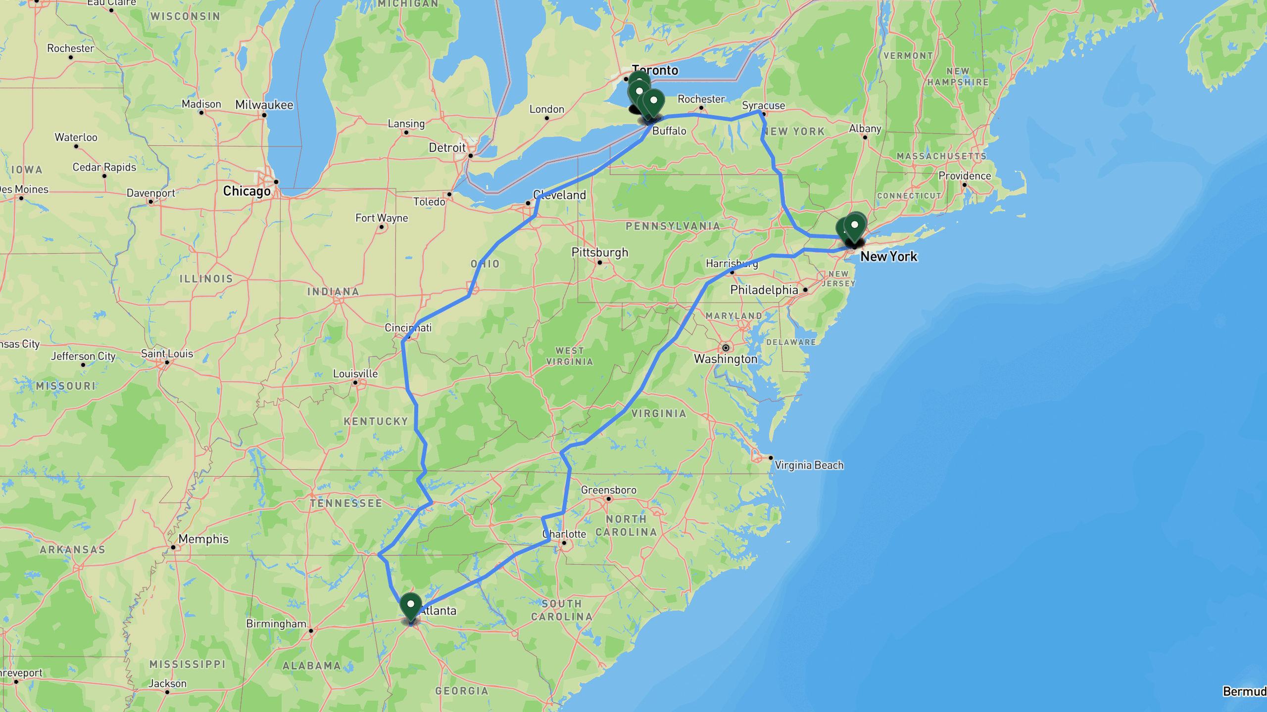 Route overview map for 5-Day Itinerary: NYC to Niagara Falls, Ontario: 47 stops from Major Airport - Southern USA to Major Airport - Southern USA.