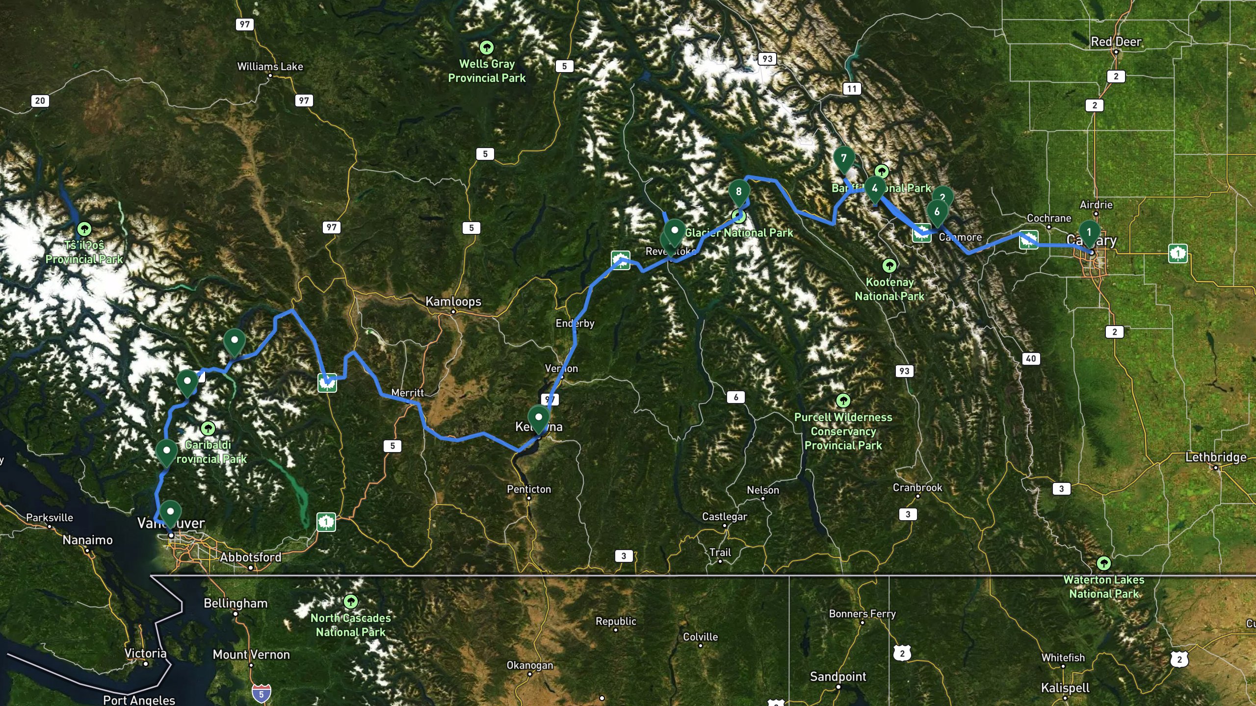 Route overview map for 5 Days Overlanding to Vancouver: Canadian Rockies to BC Itinerary: 23 stops from Downtown Calgary Departure to Historic Hotel in Downtown Vancouver.