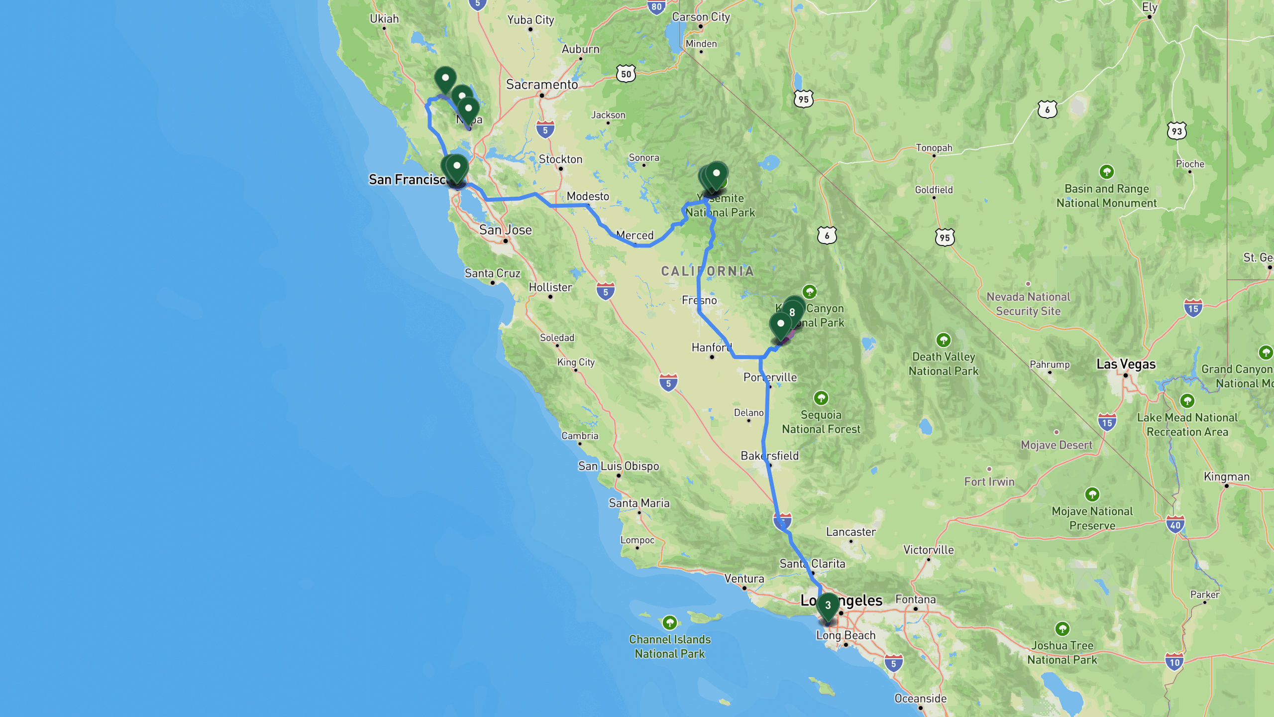 Route overview map for 5 Days Through California's Icons: Sequoia, Yosemite, San Francisco, and Wine Country: 26 stops from Los Angeles International Airport (LAX) to Napa Valley Hotel.