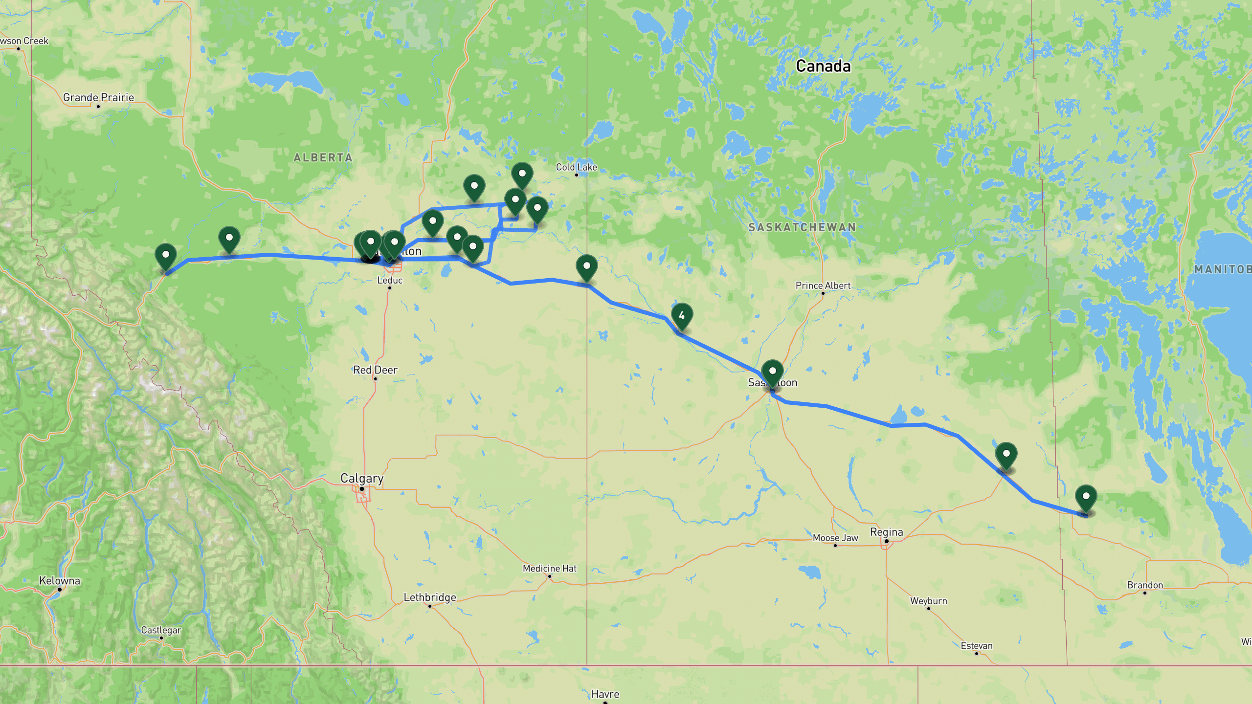 Route overview map for 6 Days: Regional Loop to Edmonton Hub & Spoke from Angusville to Spruce Grove, AB: 32 stops from Starting point to Return destination.