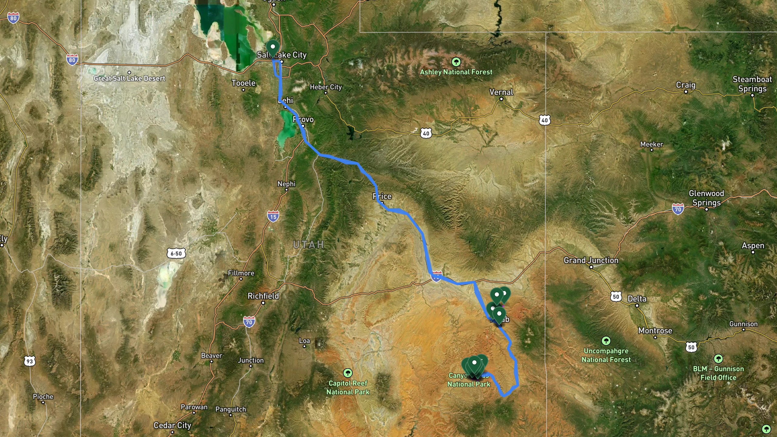 Route overview map for 6 Days Backcountry Canyonlands: Needles District Jeep and Backpacking Itinerary: 30 stops from Salt Lake City Airport - Jeep Rental Pickup to Salt Lake City International Airport - Jeep Return.