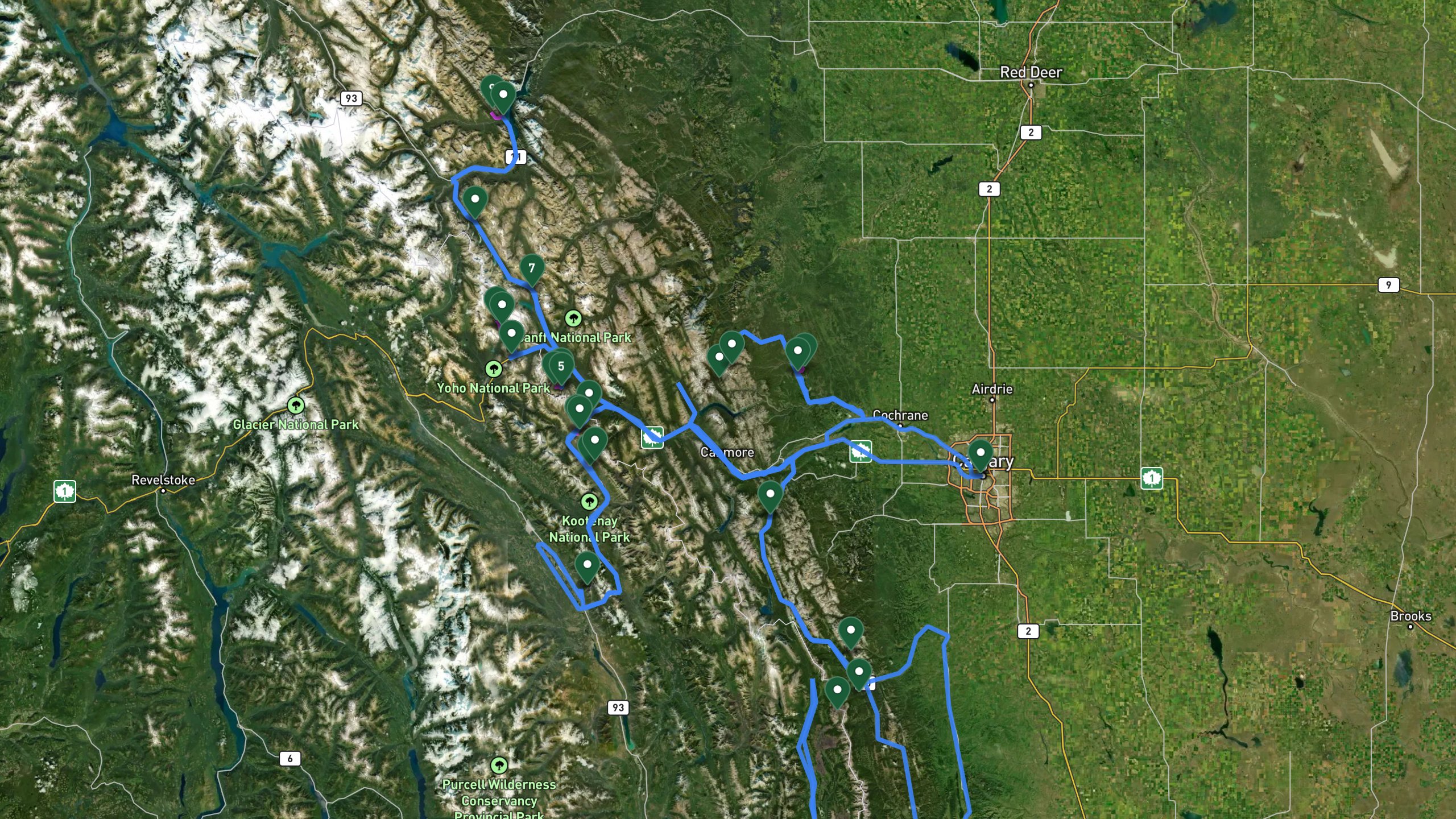 Route overview map for 6 Days Deep in the Canadian Rockies: Overlanding and Backcountry Hiking Itinerary: 39 stops from Downtown Calgary Departure to Downtown Calgary Return.
