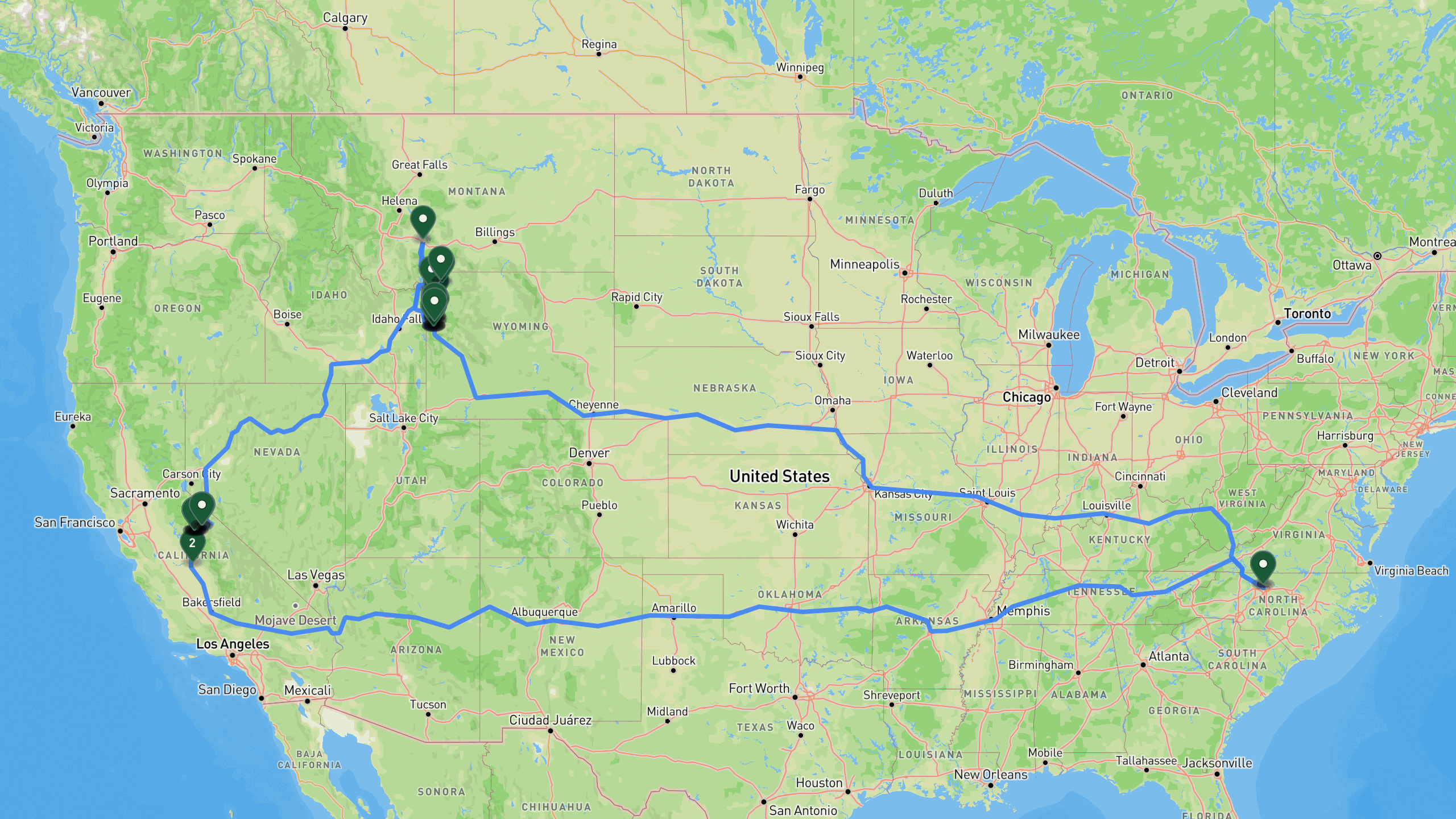Route overview map for 6 Days: Yosemite to Yellowstone Family Road Trip Itinerary: 39 stops from Regional Airport Departure to Regional Airport Arrival.