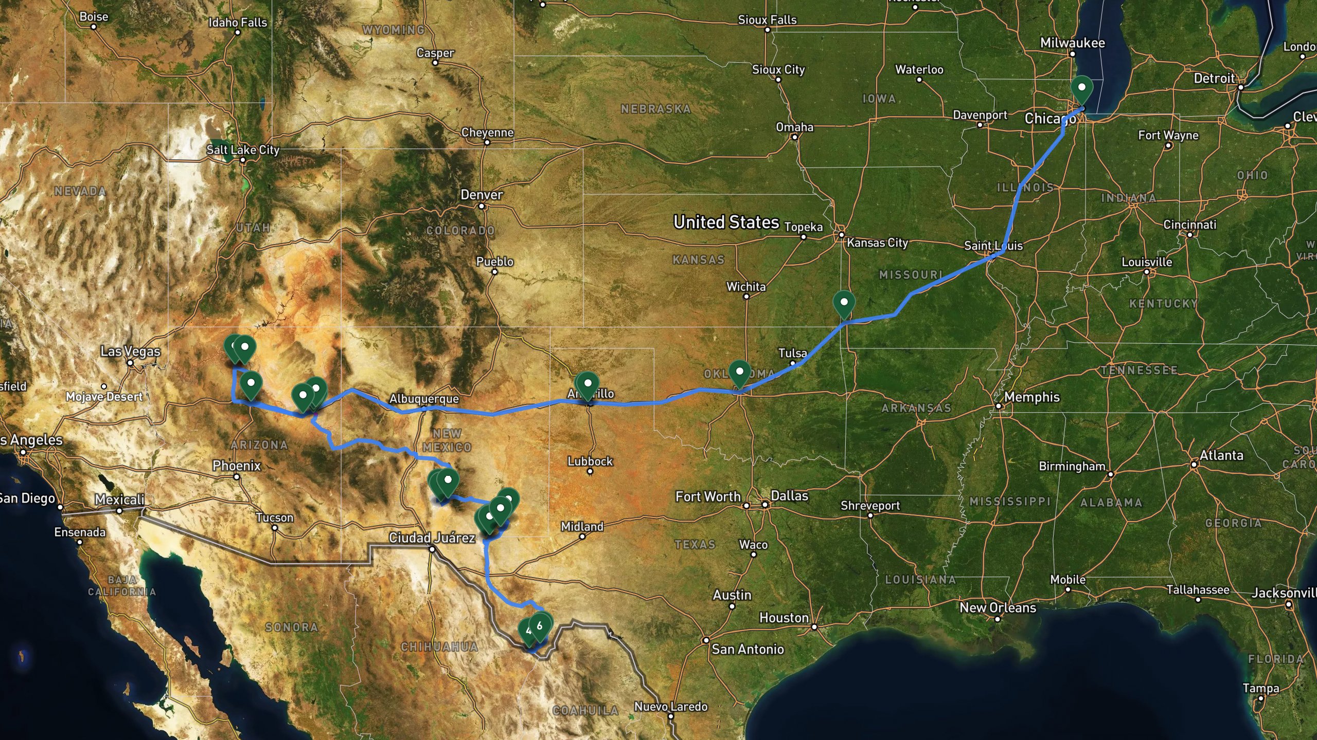 Route overview map for 7 Days Big Bend to Chicago via Southwest Parks: A Road Trip Itinerary: 38 stops from Big Bend National Park Visitor Center to Chicago, Illinois.