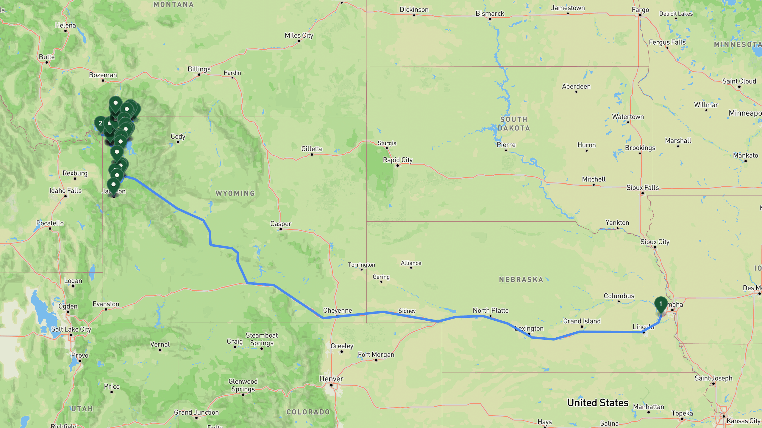 Route overview map for 7 Days in Yellowstone: A Wyoming Road Trip Itinerary: 54 stops from Gretna area, Nebraska to Flagg Ranch Campground.