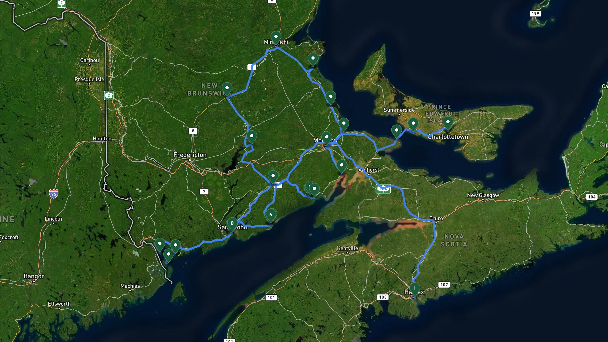 Route overview map for 7 Days Overlanding New Brunswick: Bay of Fundy, Acadian Coast, and Prince Edward Island: 39 stops from Downtown Halifax to Historic Boutique Hotel.