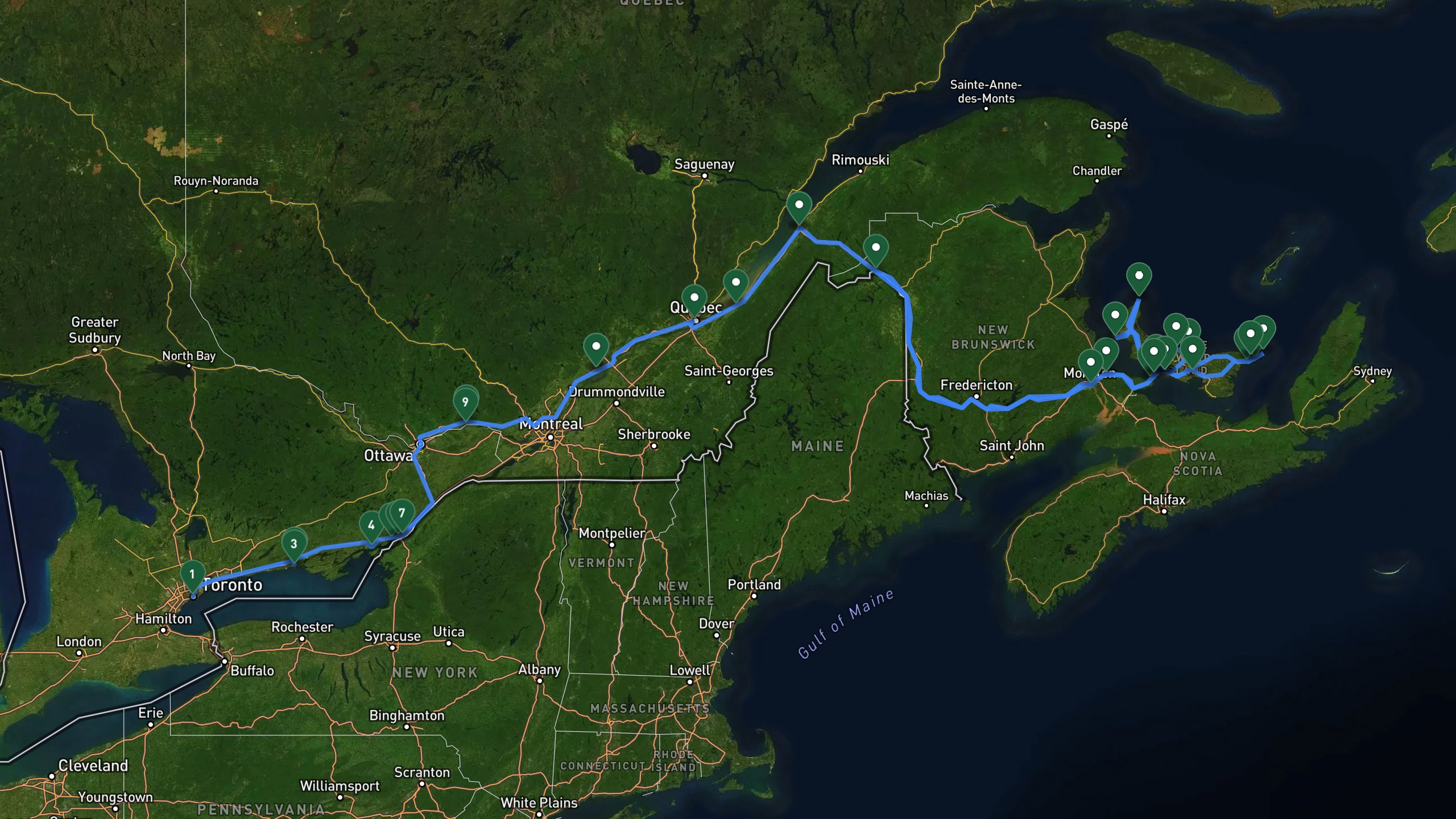 Route overview map for 7 Days Overlanding to Prince Edward Island: A Road Trip from Toronto: 36 stops from Toronto Downtown to Camping Edmundston.