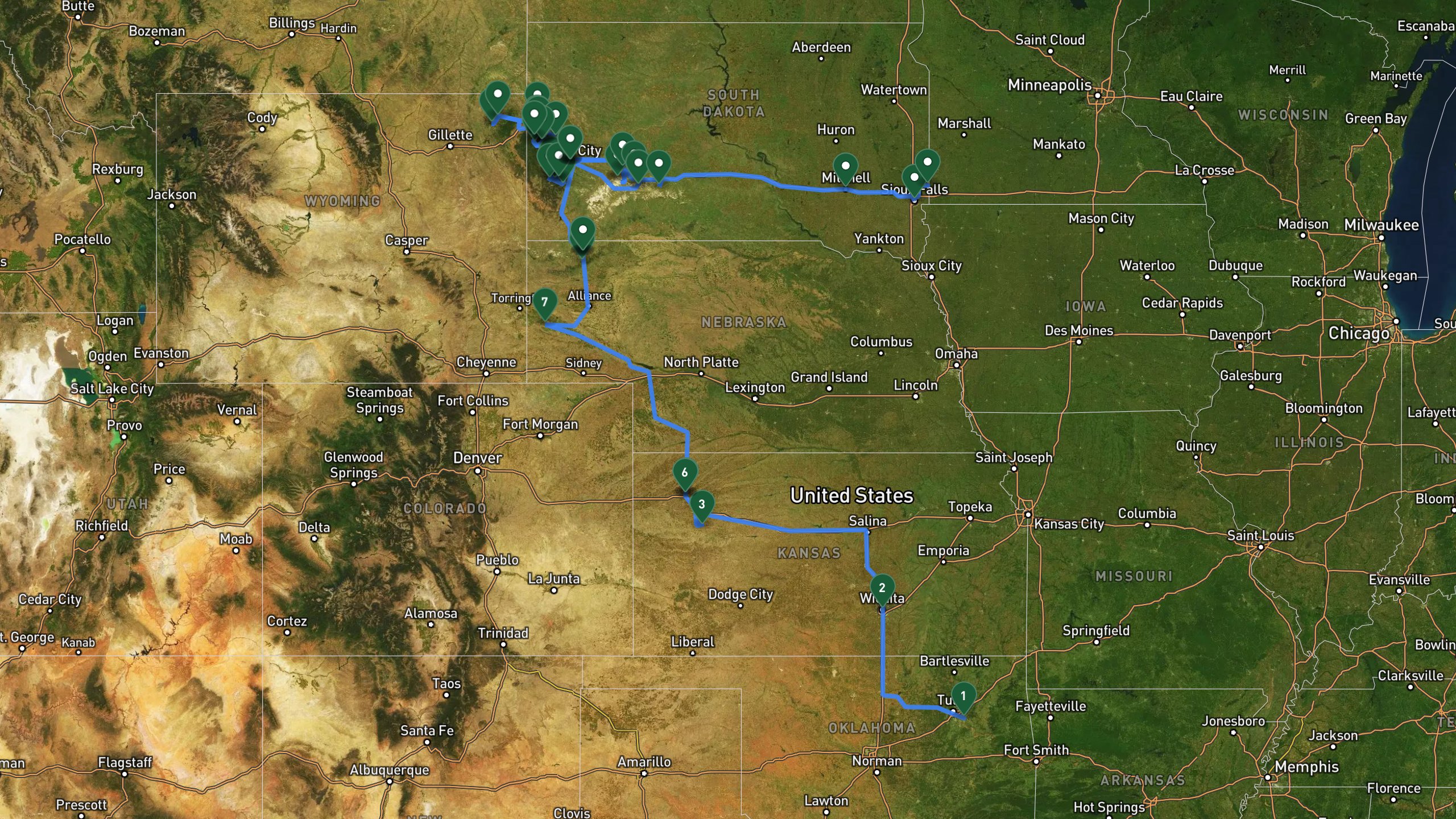 Route overview map for 8 Days: Broken Arrow to Sherman via the Black Hills: 46 stops from Broken Arrow, OK to Sherman, SD.