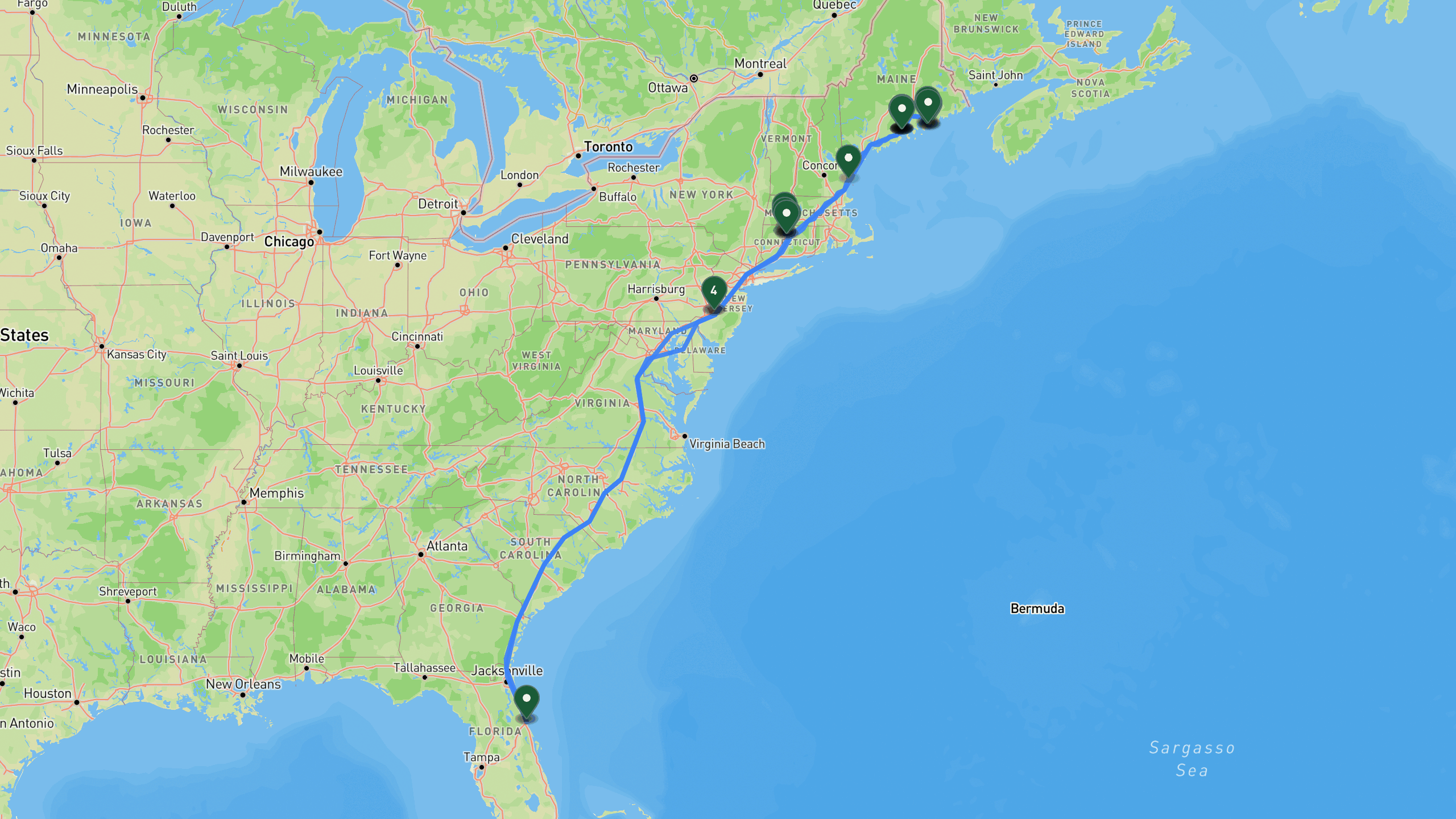 Route overview map for Anniversary Drive to Coastal Maine: 5-Day Camden Road Trip Itinerary: 28 stops from Daytona Beach Departure to Daytona Beach.